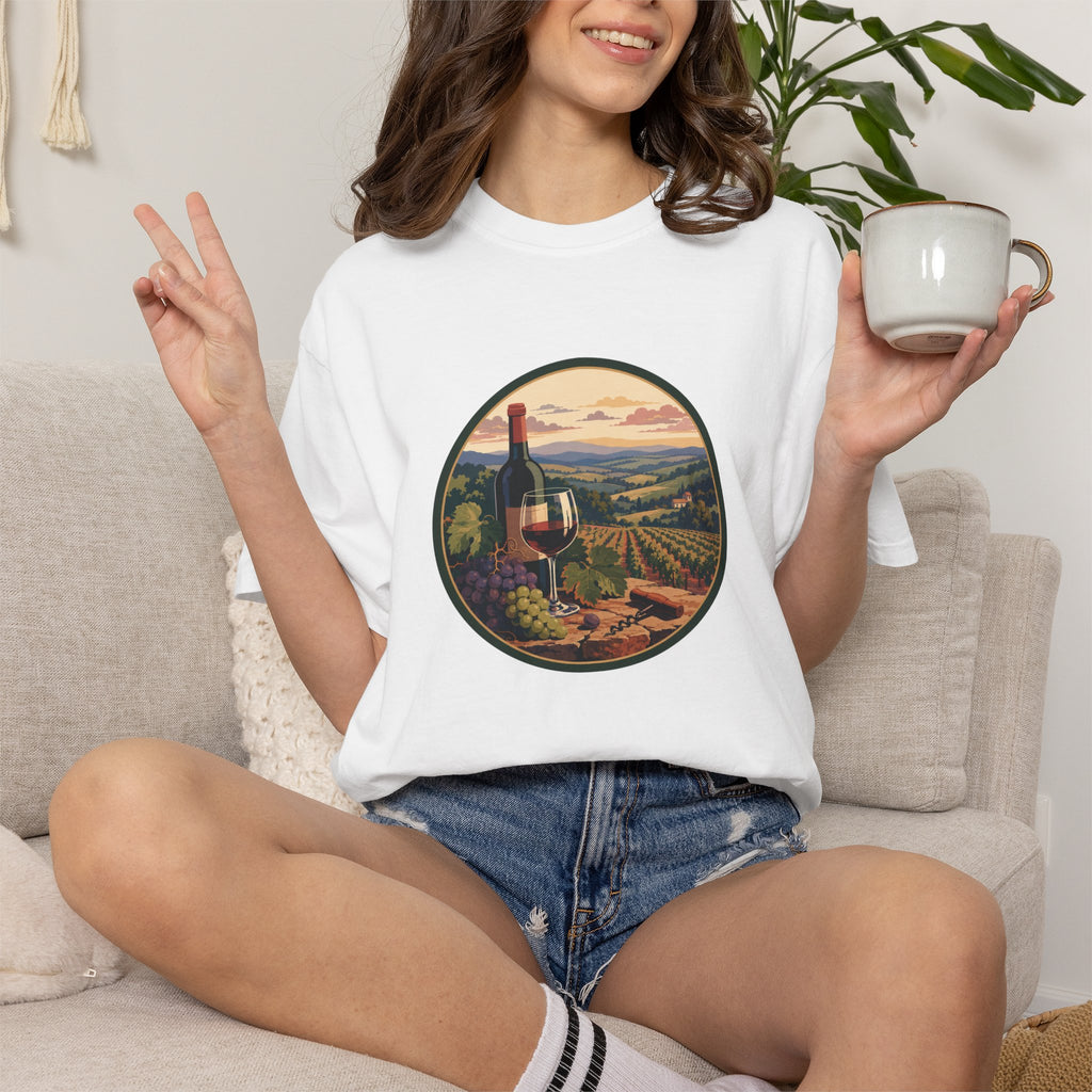Wine Country Scenic T-Shirt – Vineyard Bottle & Sunset Graphic