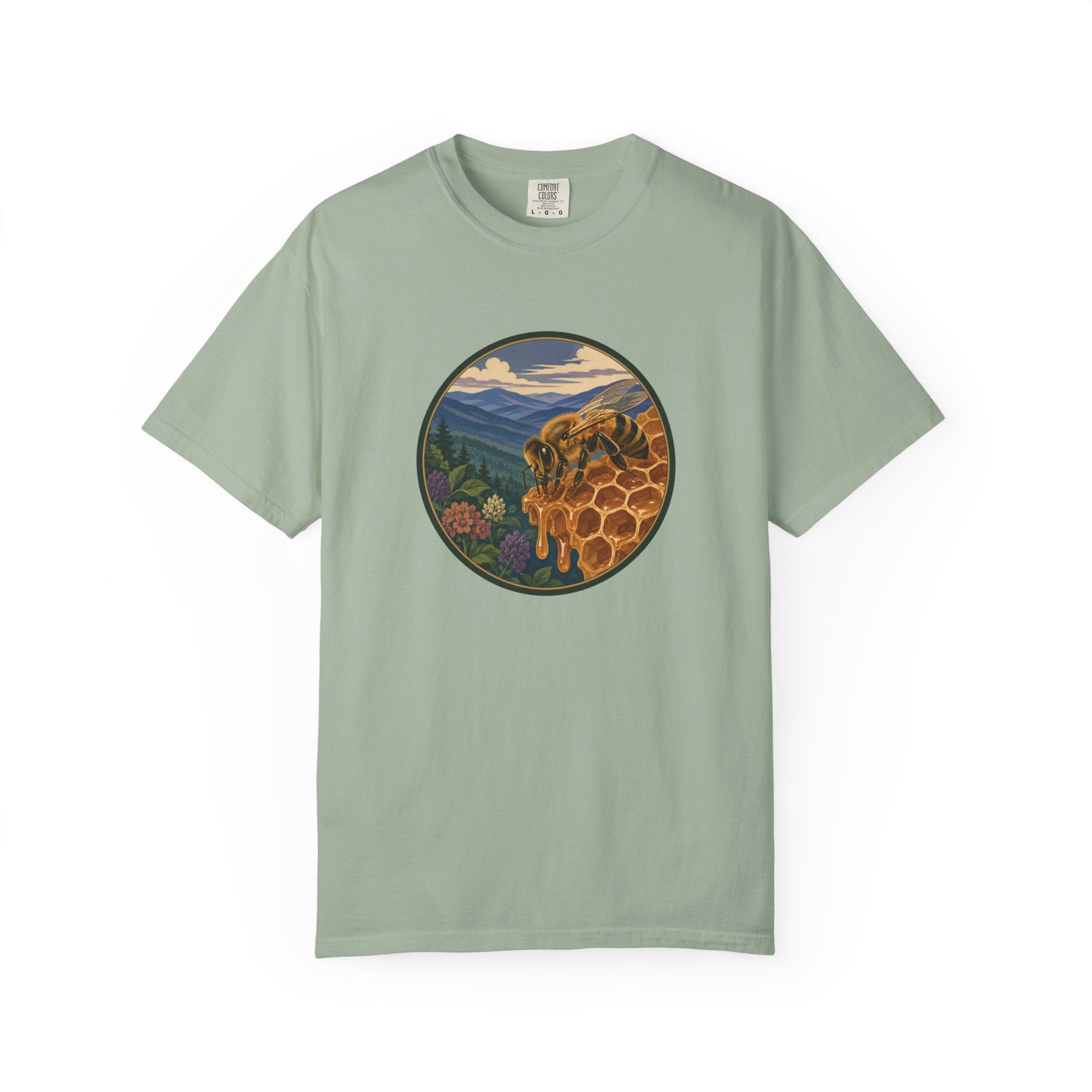 Honey Bee & Mountains Graphic T-Shirt — Honeycomb Nature Illustration