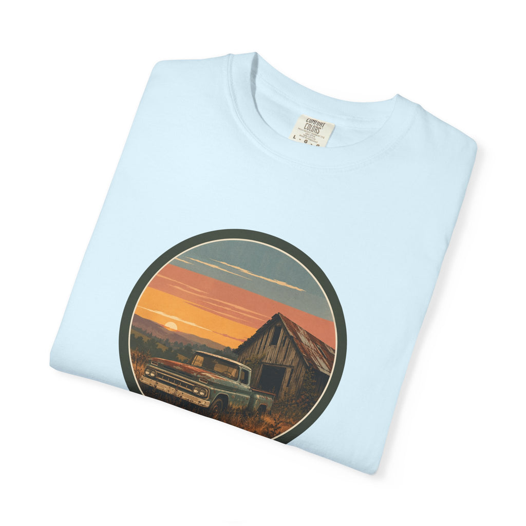 Vintage Sunset Barn T-Shirt — Retro Truck Farm Scene