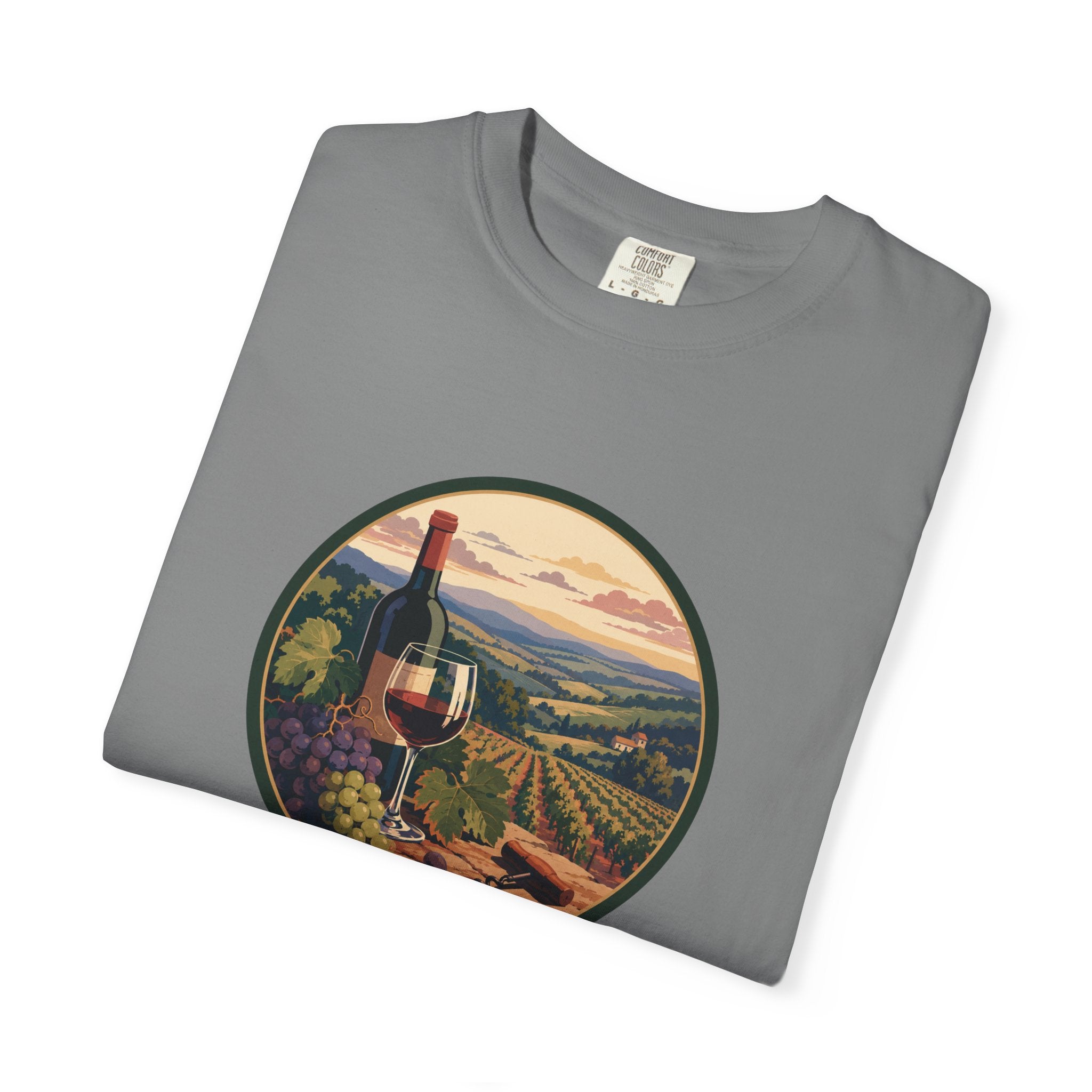 Wine Country Scenic T-Shirt – Vineyard Bottle & Sunset Graphic