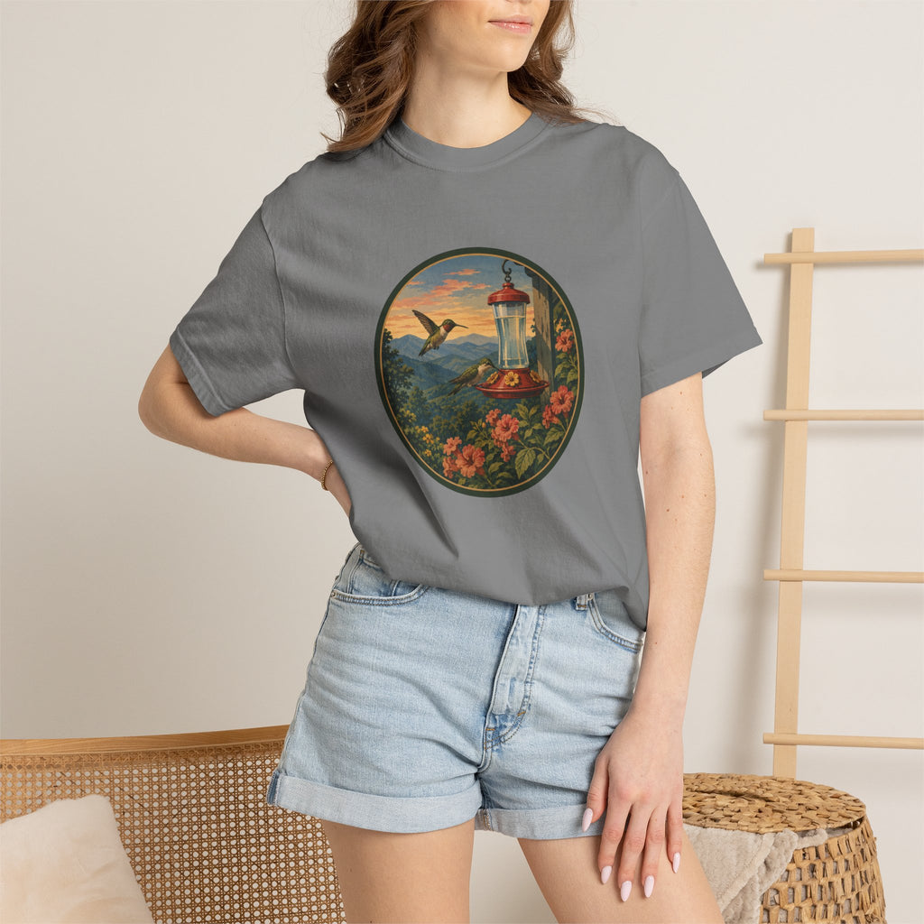 Hummingbird Sunset T-Shirt — Vintage Floral Graphic Tee