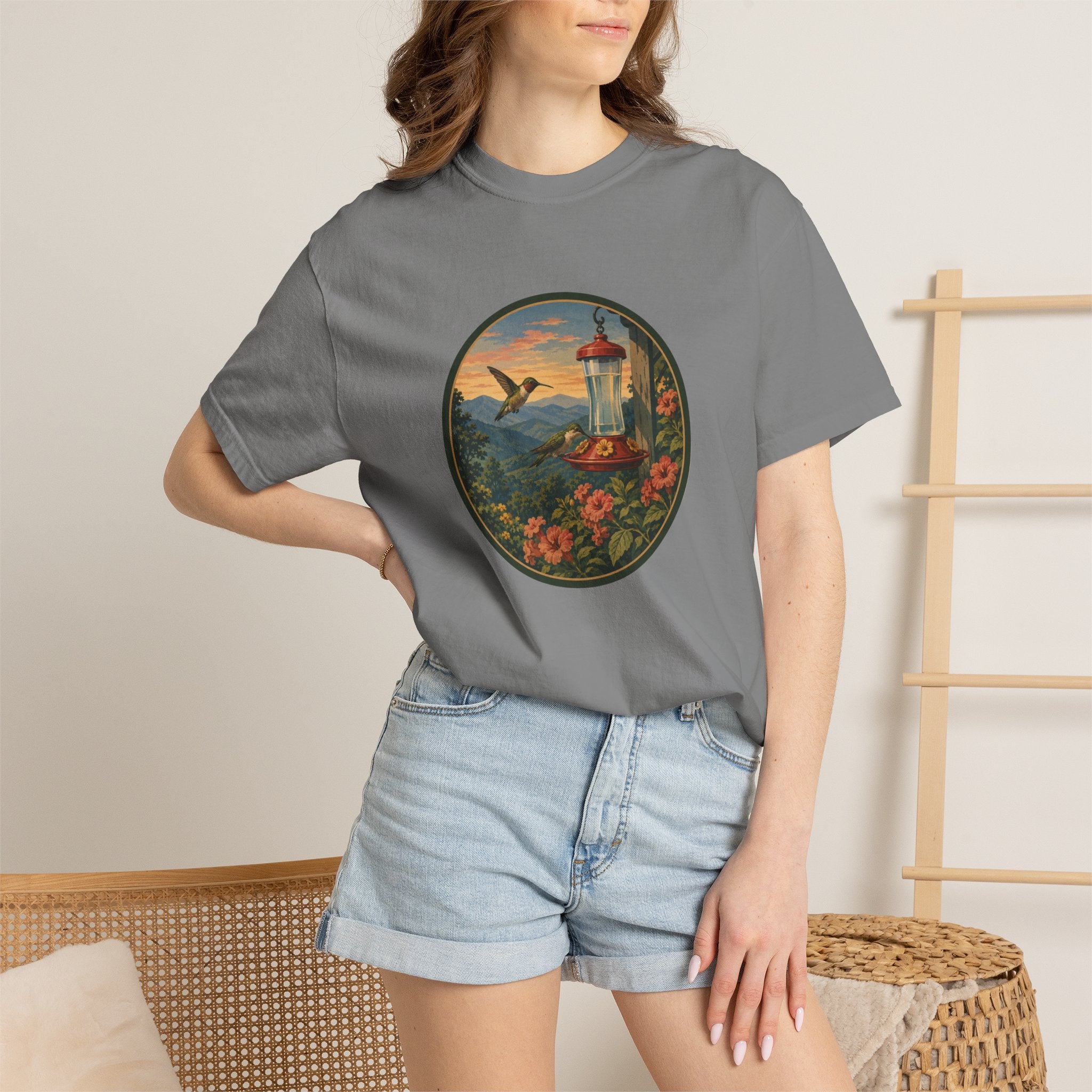 Hummingbird Sunset T-Shirt — Vintage Floral Graphic Tee