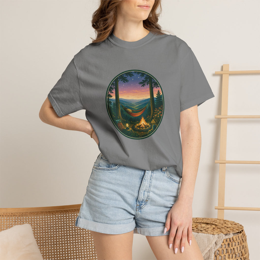 Hammock Camping Sunset T-Shirt — Bonfire Night Outdoor Graphic Tee