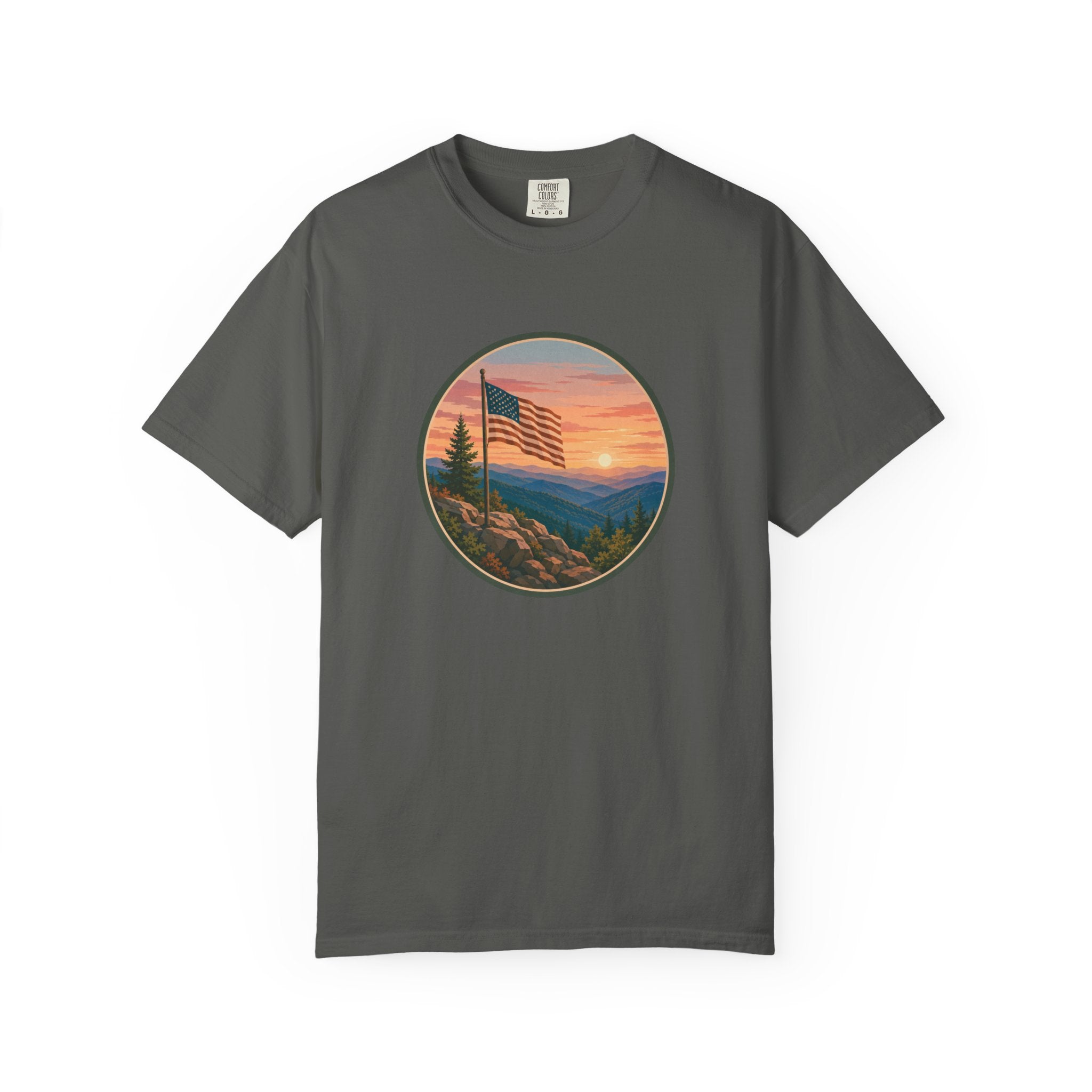 Flag Over Blue Ridge Mountains T-Shirt — Scenic Sunset American Flag Graphic Tee
