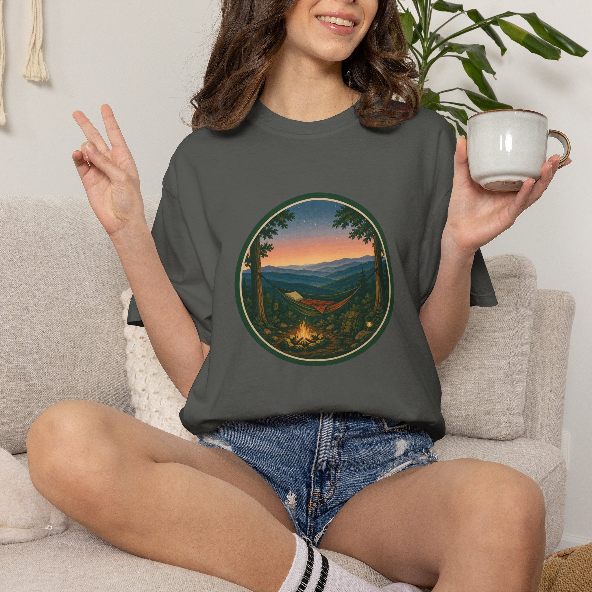 Campfire Mountain Sunset T-Shirt — Scenic Hiking Adventure Tee