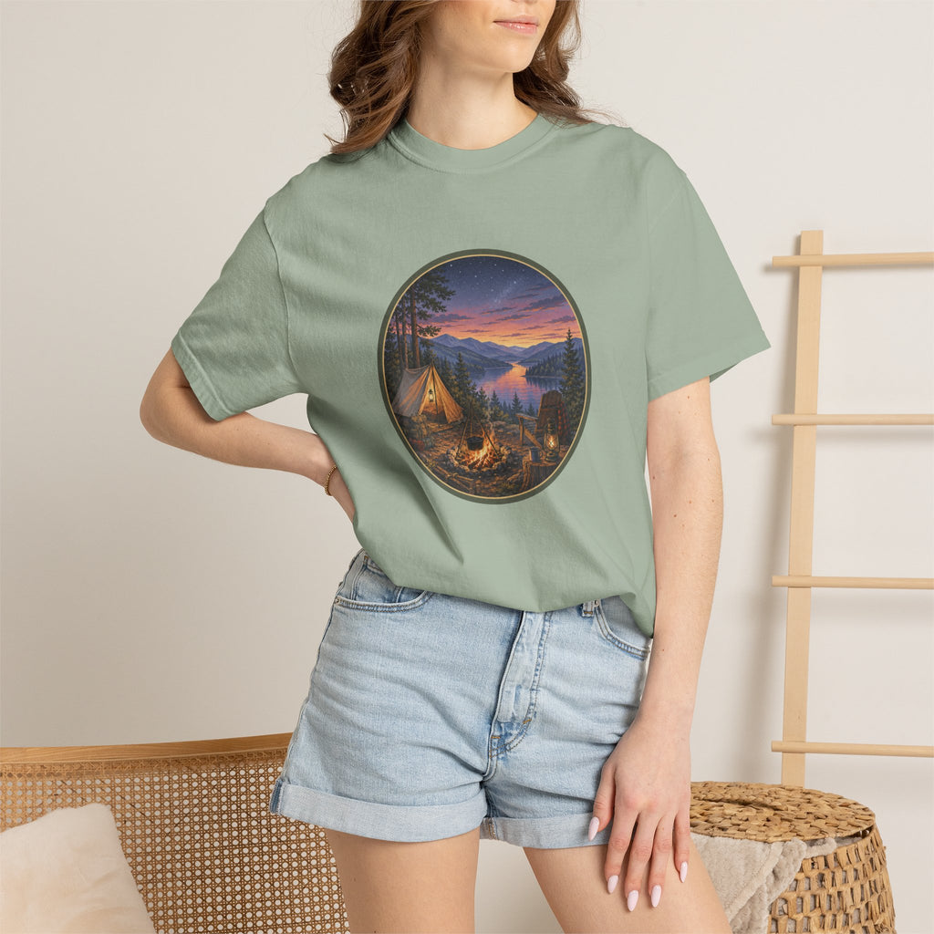 Camping Sunset T-Shirt — Riverside Campfire Night Scene