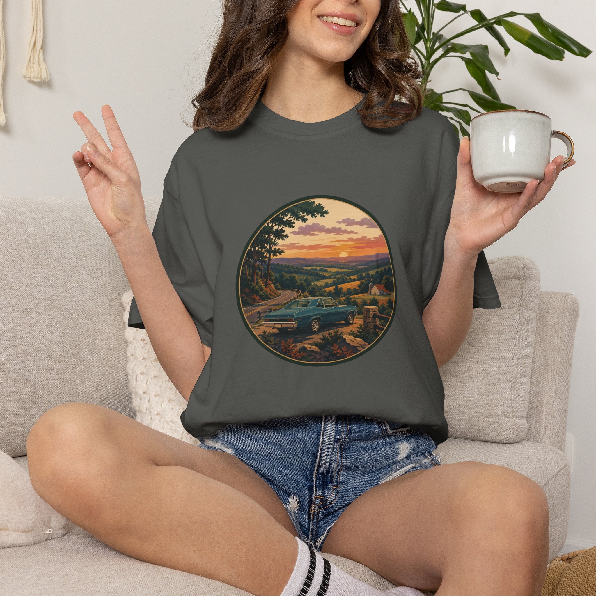 Sunset Valley Classic Car Landscape T-Shirt