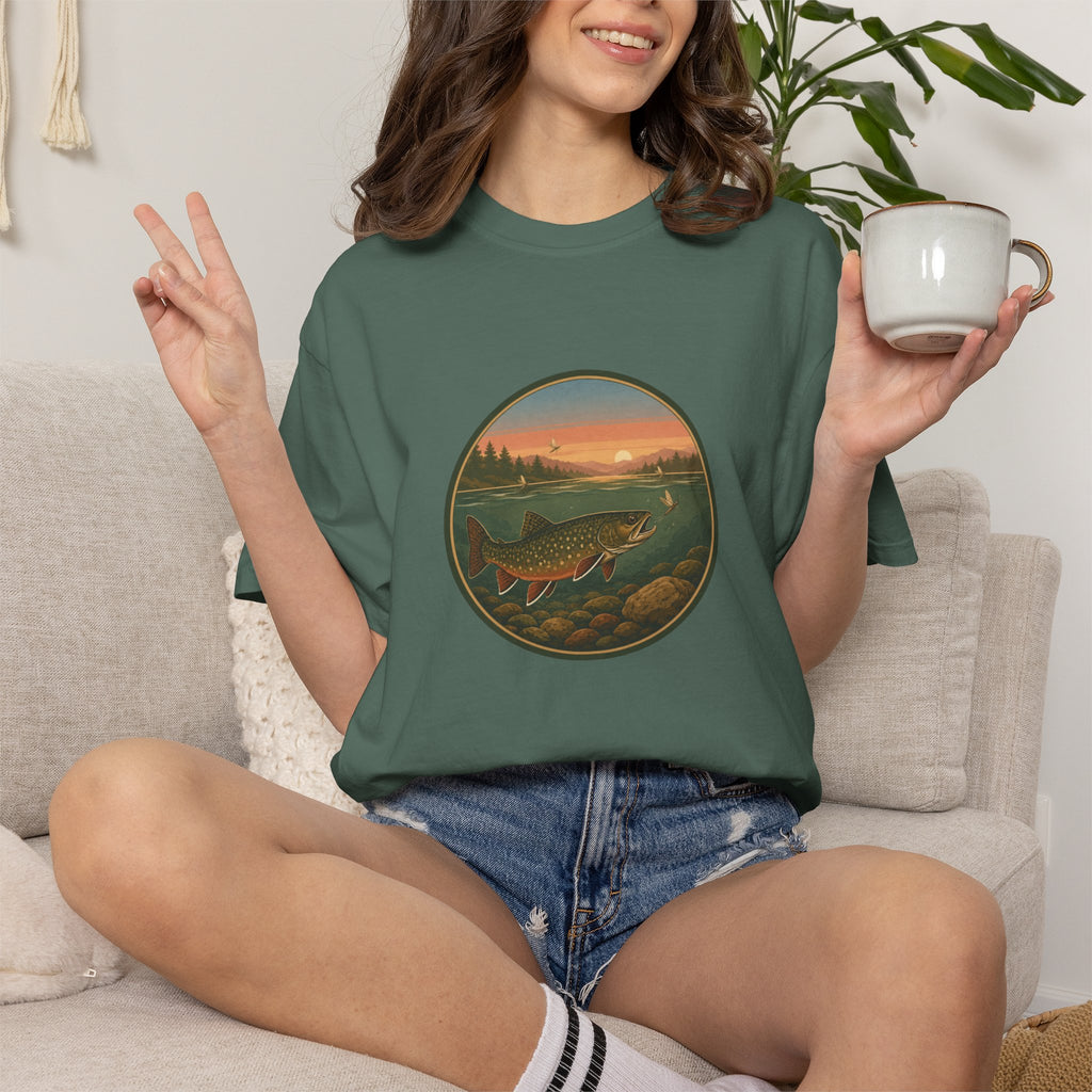 Brook Trout Sunset Fishing T-Shirt — Vintage River Scene Tee