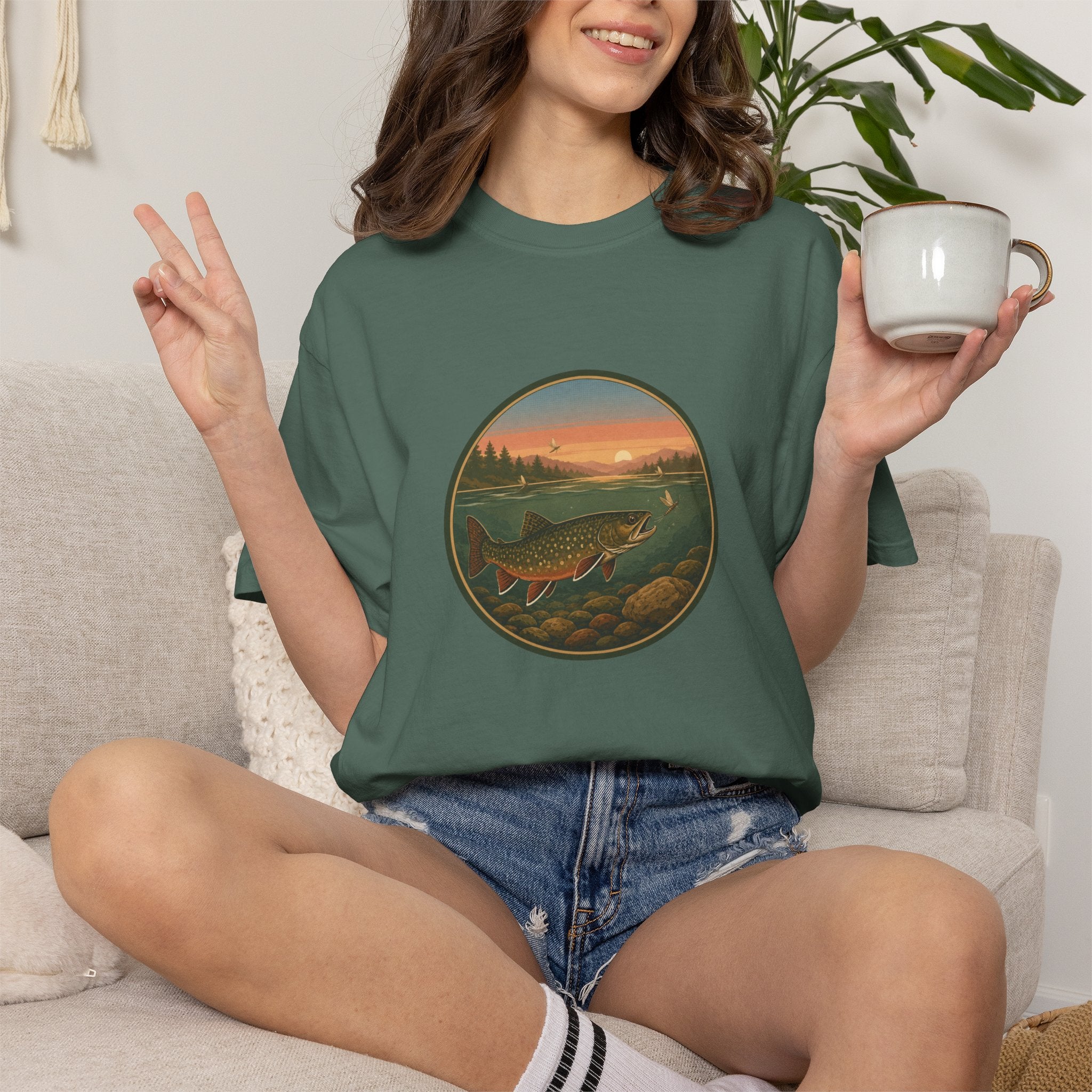 Brook Trout Sunset Fishing T-Shirt — Vintage River Scene Tee