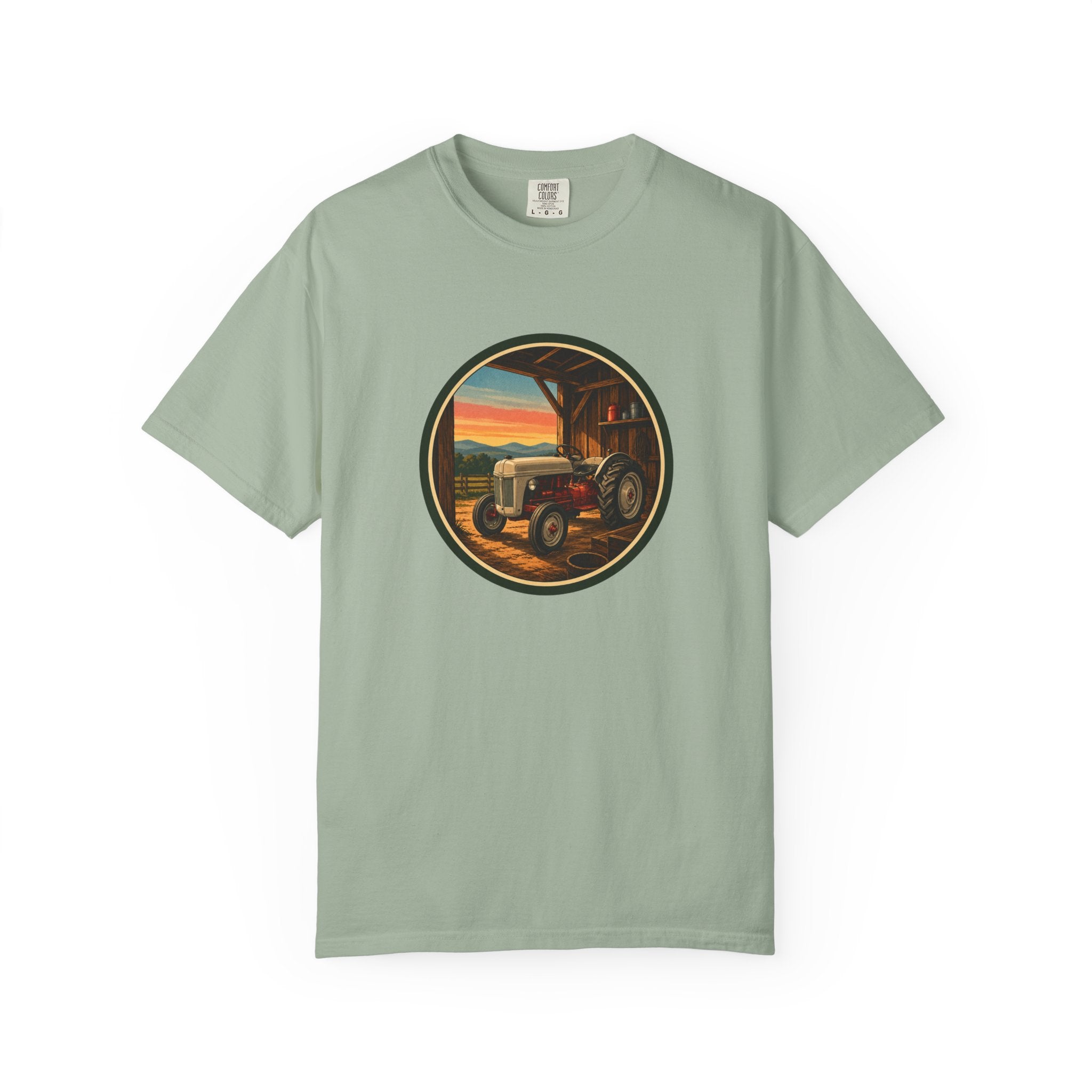 Vintage Tractor Circle T-Shirt — Rustic Farmstead Sunset Tee