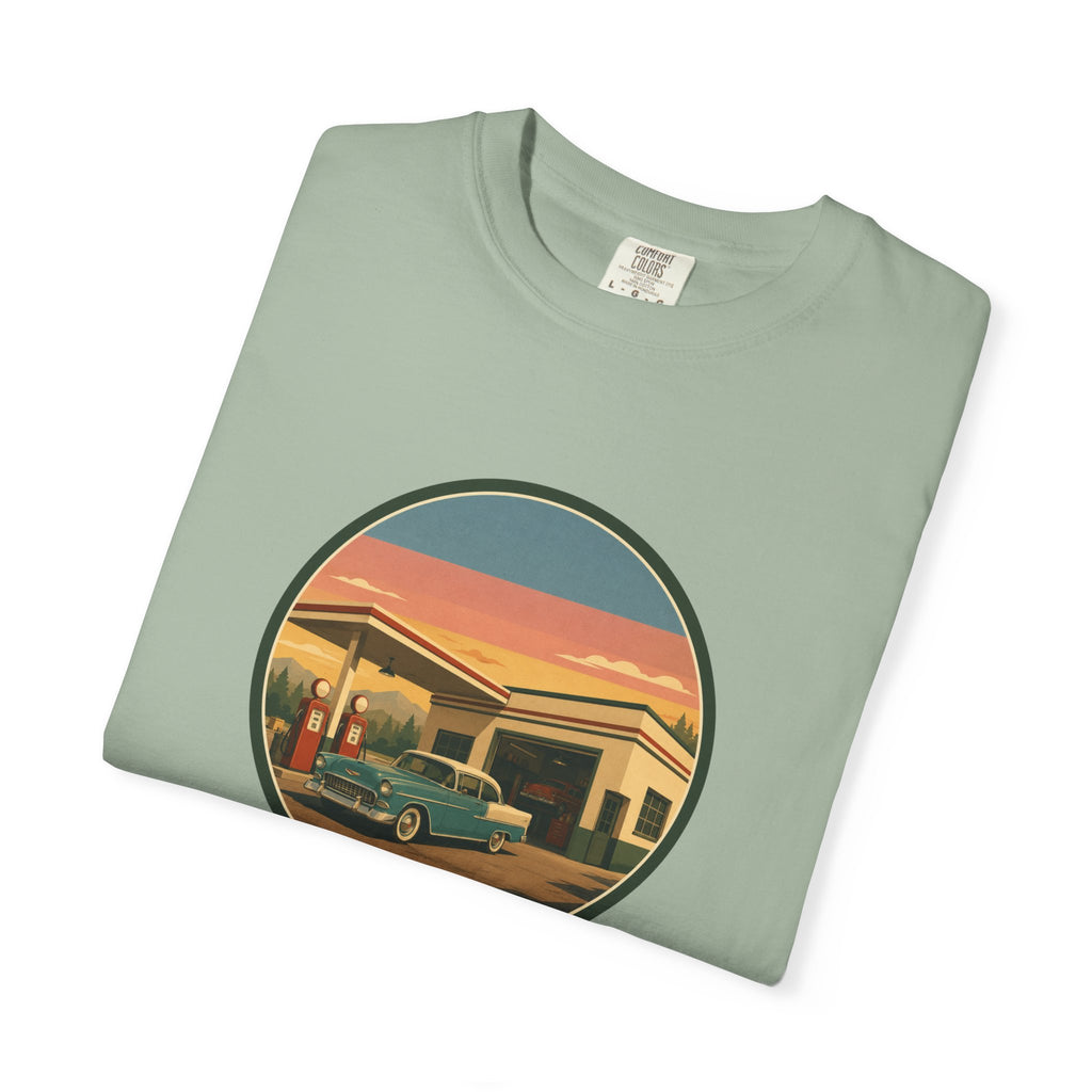 Retro Gas Station T-Shirt — Vintage Sunset Roadside Design