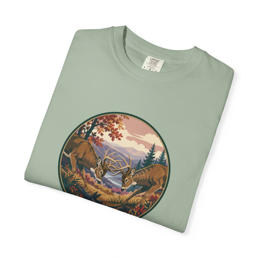 Scenic Wilderness Circle T-Shirt — Mountain Camping & Deer Nature Graphic