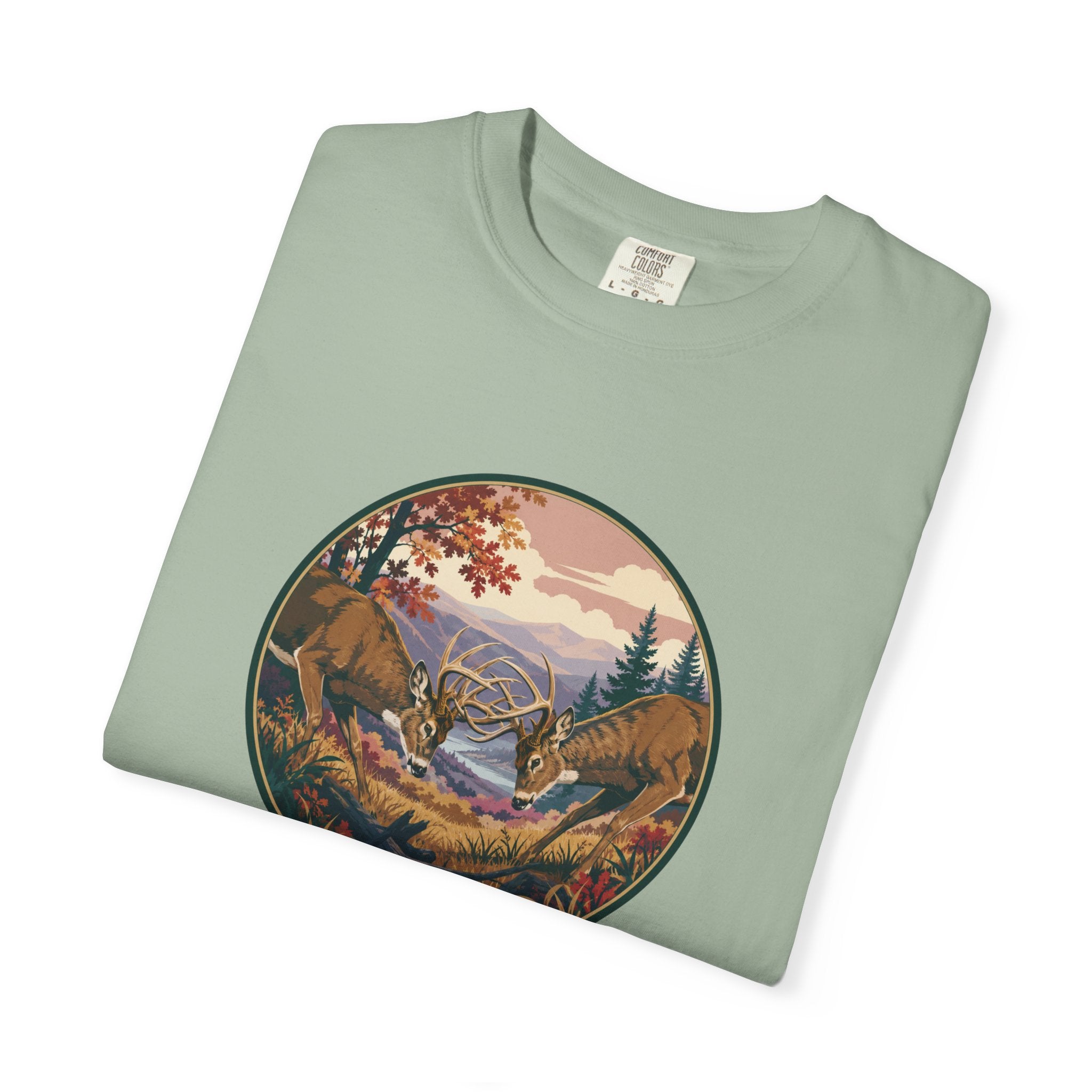 Scenic Wilderness Circle T-Shirt — Mountain Camping & Deer Nature Graphic