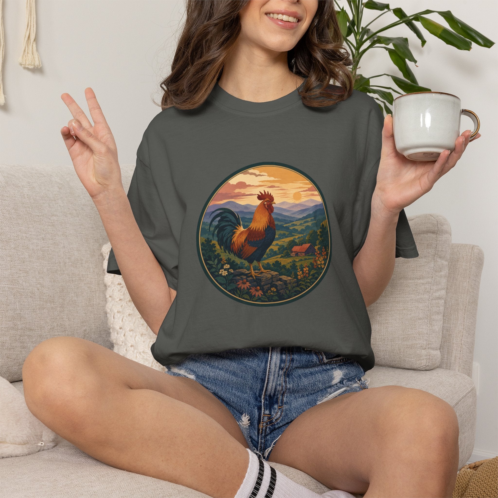 Blue Ridge Rooster Sunrise T-Shirt — Vintage Farm Scene Tee