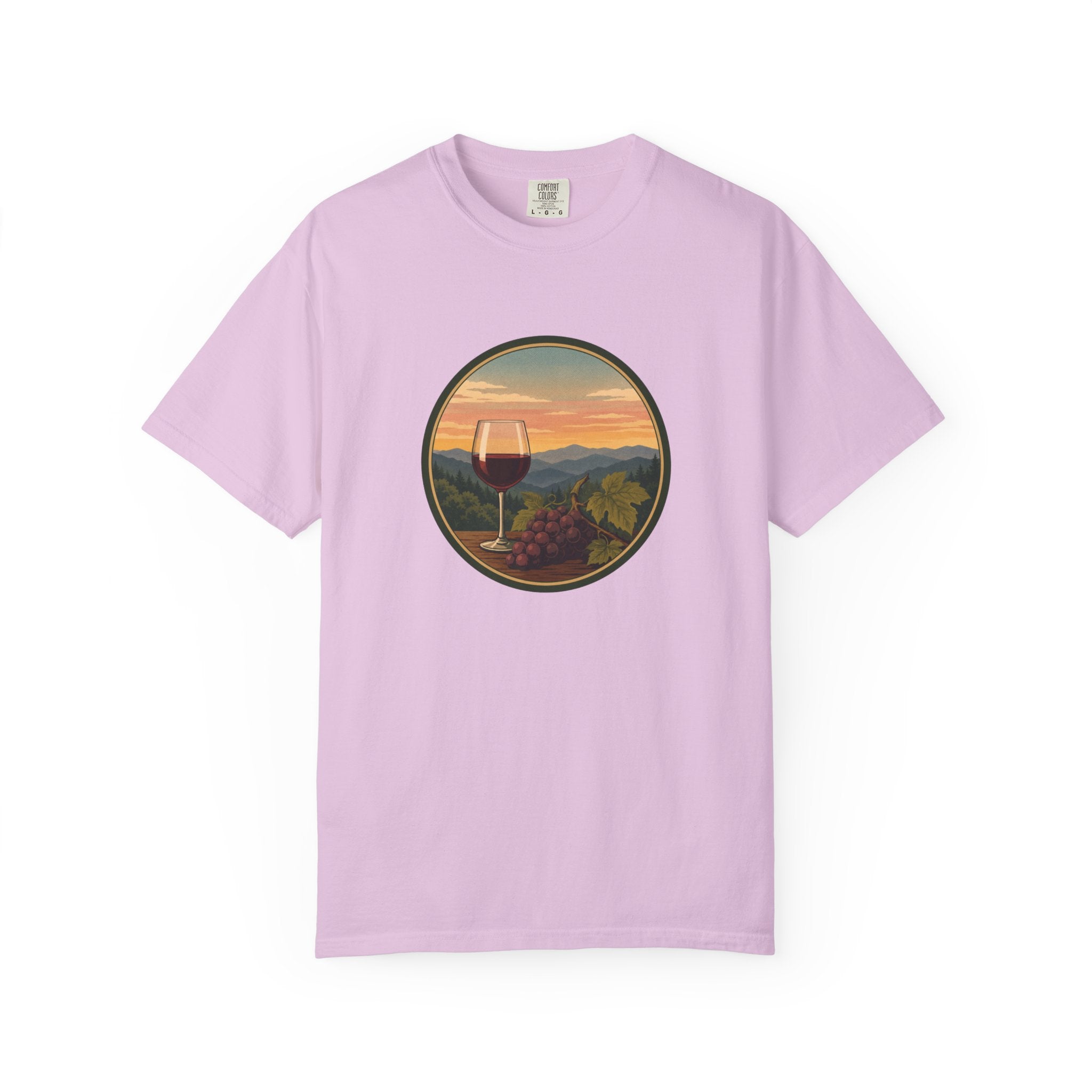 Wine Sunset T-Shirt — Vineyard Glass & Grapes Scenic Tee