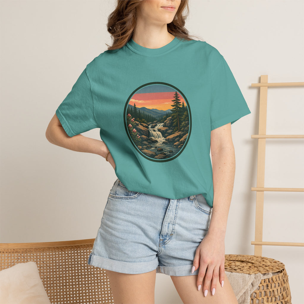 Scenic Waterfall T‑Shirt — Sunset Wilderness Nature Graphic