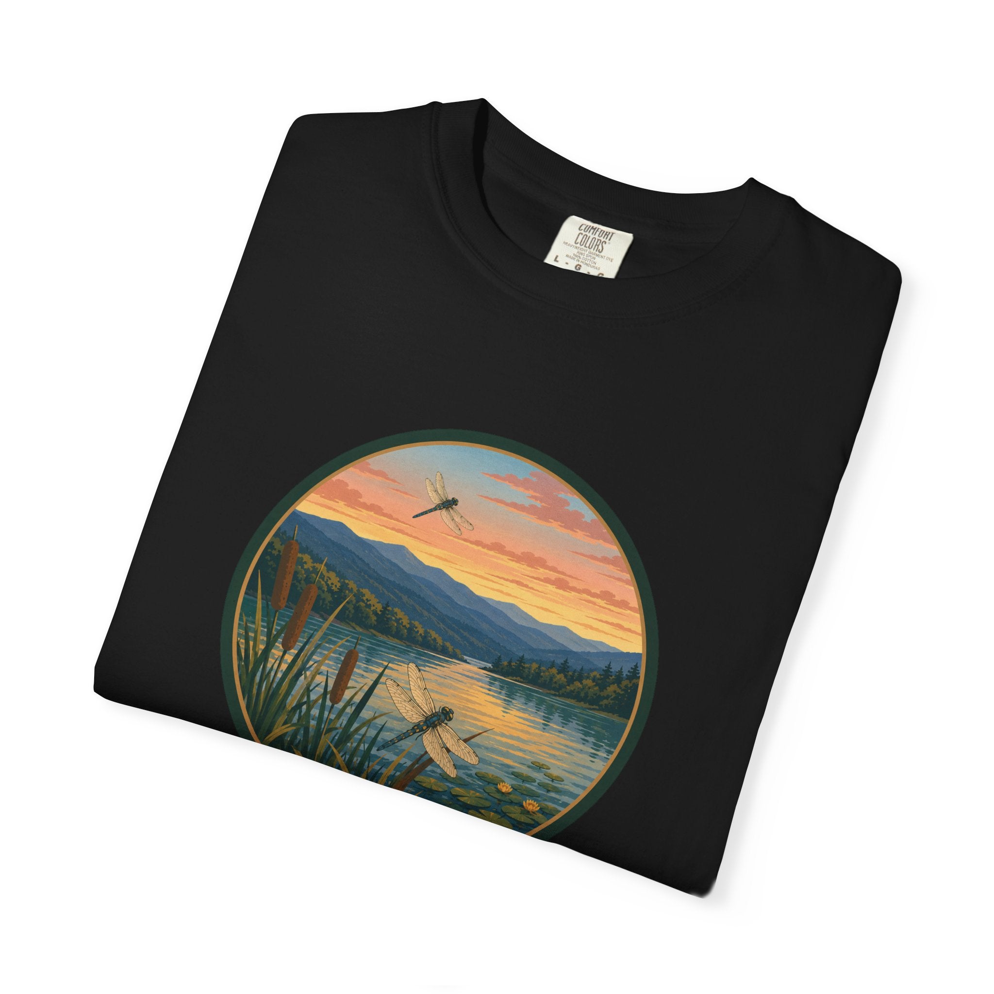 Dragonfly Sunset Lake Scene T-Shirt — Scenic Mountain Nature Tee