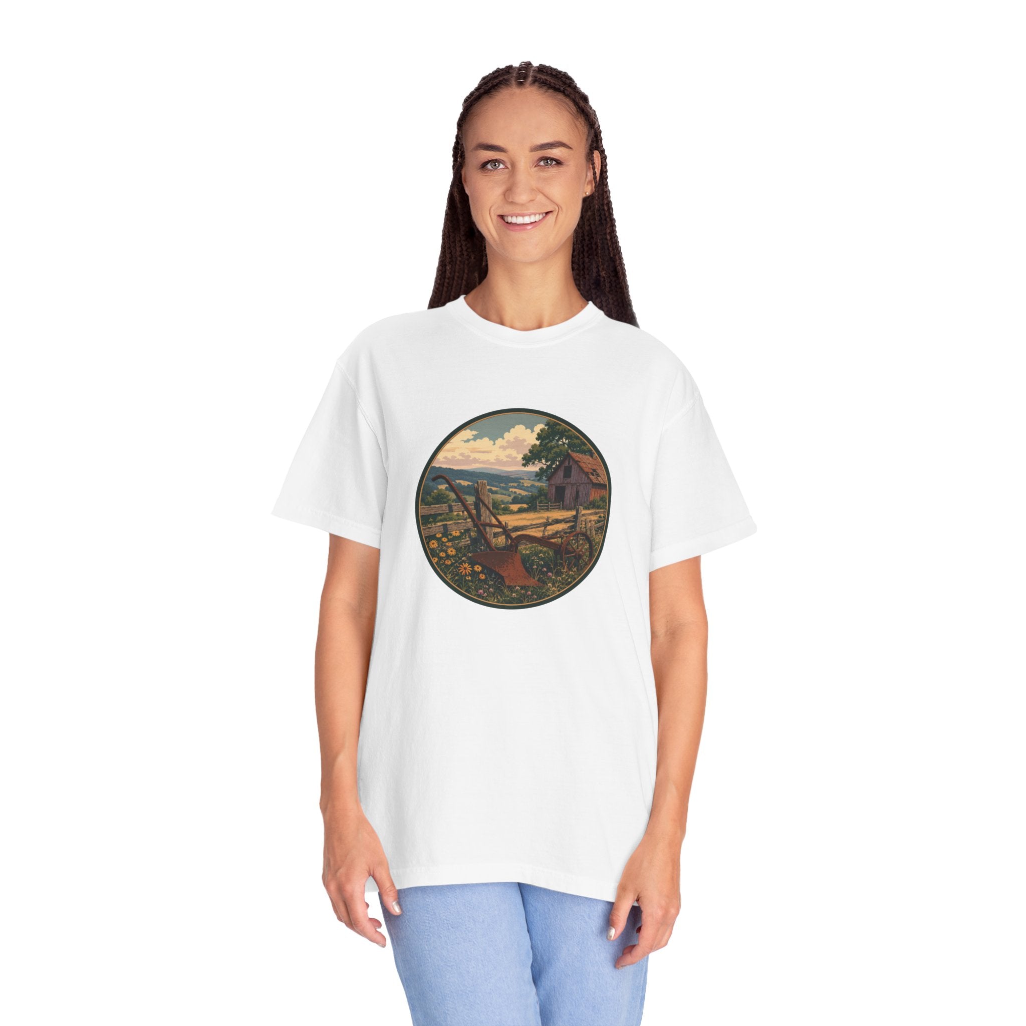 Vintage Countryside T-Shirt — Scenic Farm Landscape Graphic