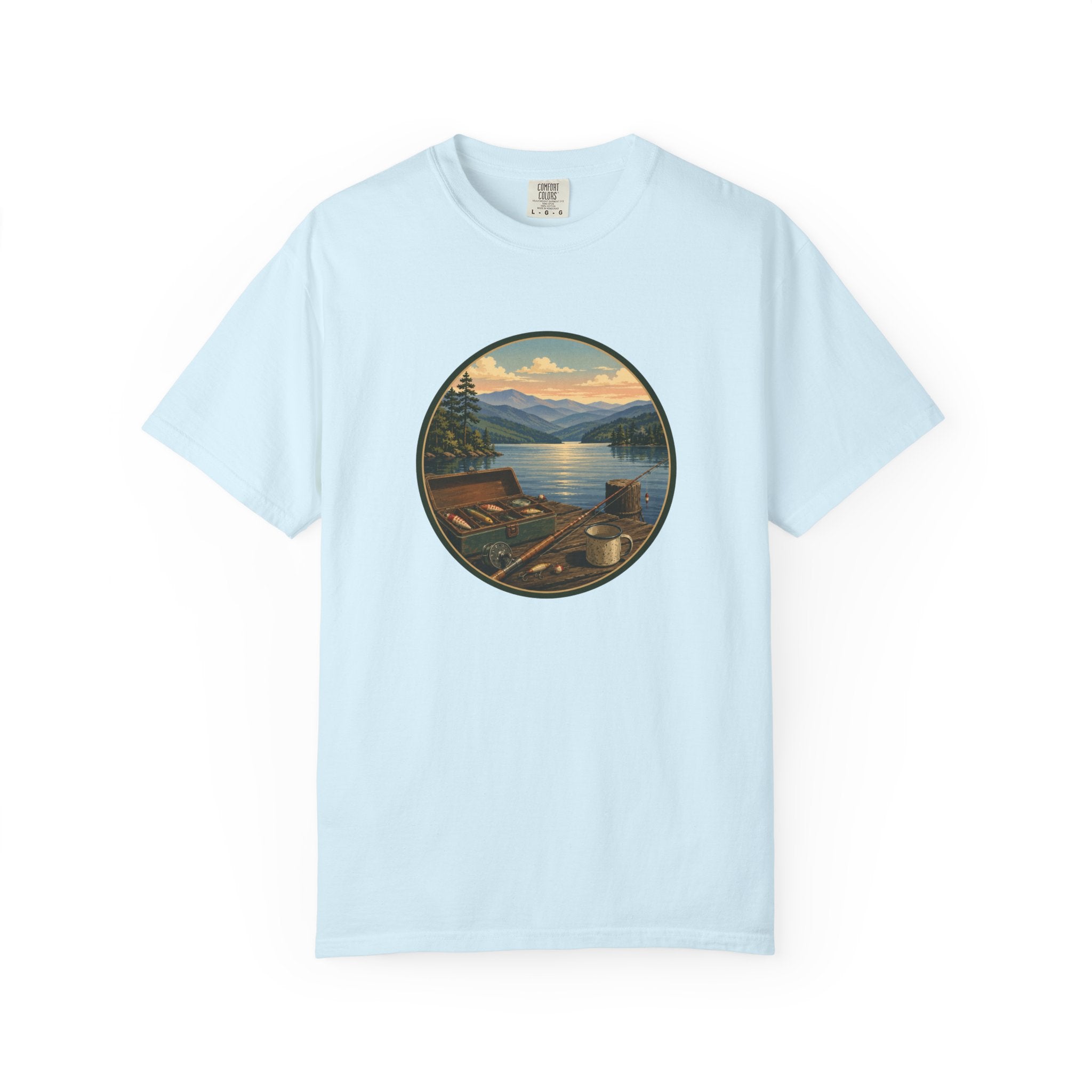 Vintage Fishing Tackle T-Shirt — Mountain View Dock Scene Tee