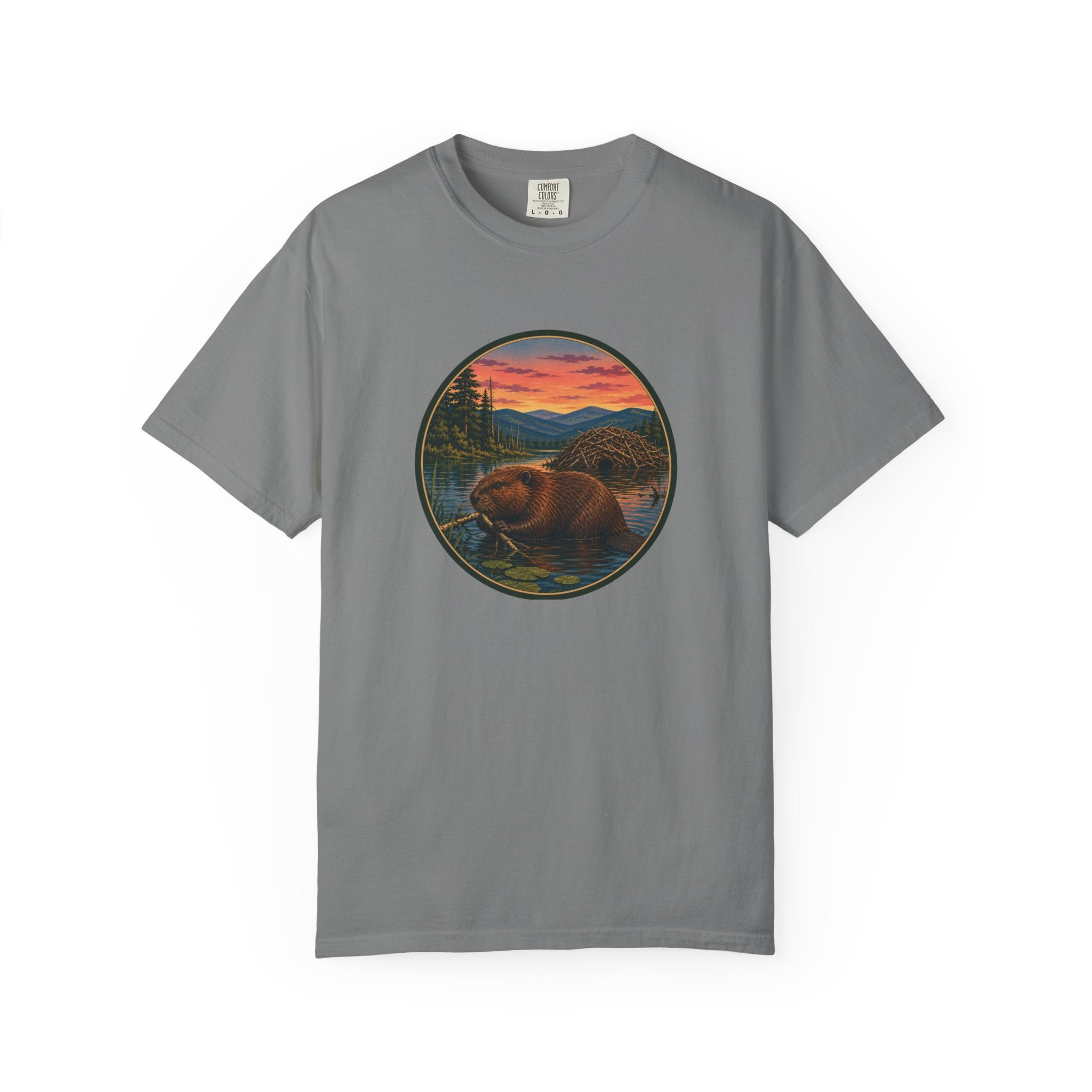 Beaver Sunset T-Shirt — Mountain Lake Wildlife Graphic Tee