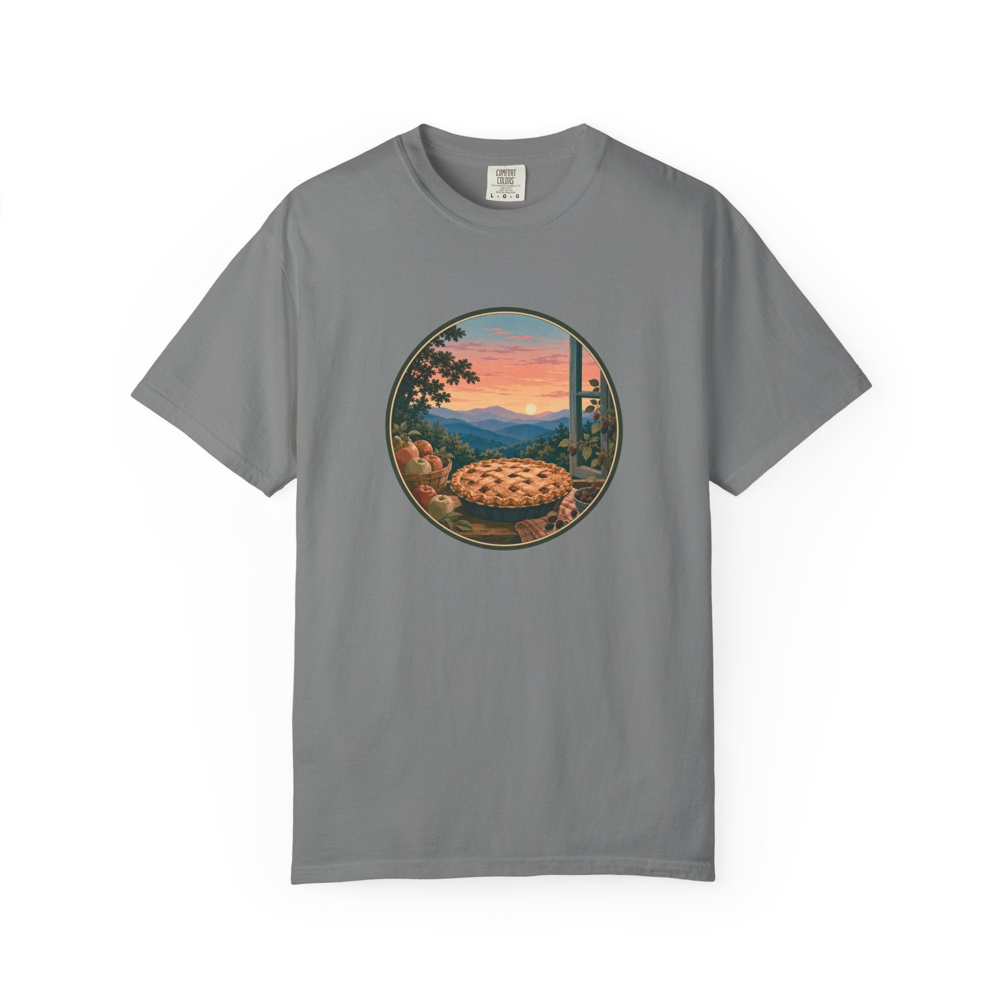 Scenic Pie Window T-Shirt — Sunset Mountain View Graphic Tee