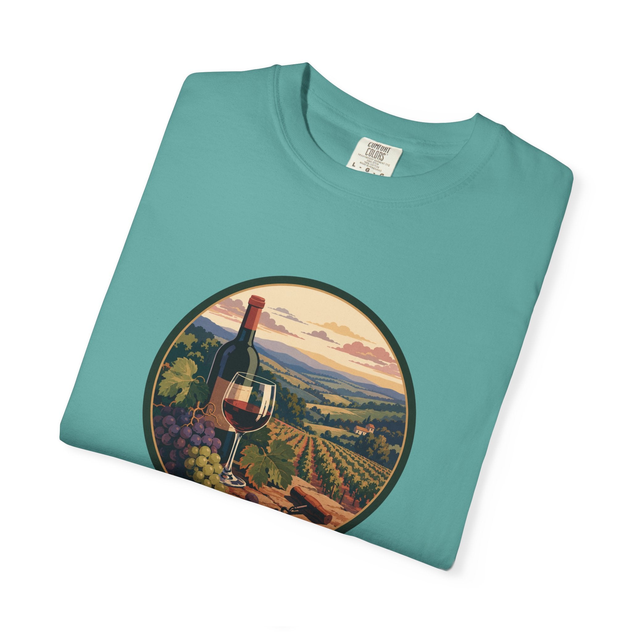 Wine Country Scenic T-Shirt – Vineyard Bottle & Sunset Graphic