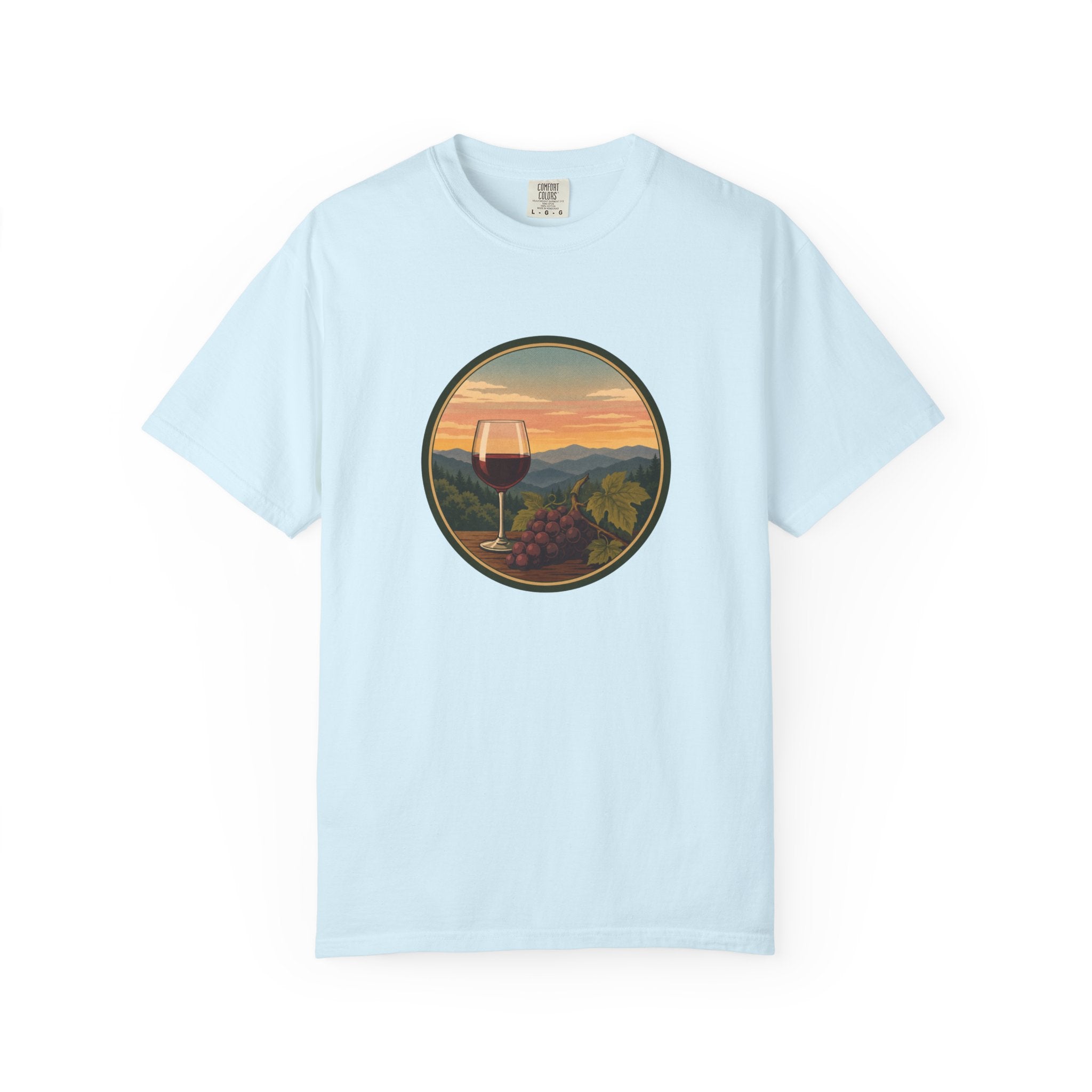 Wine Sunset T-Shirt — Vineyard Glass & Grapes Scenic Tee