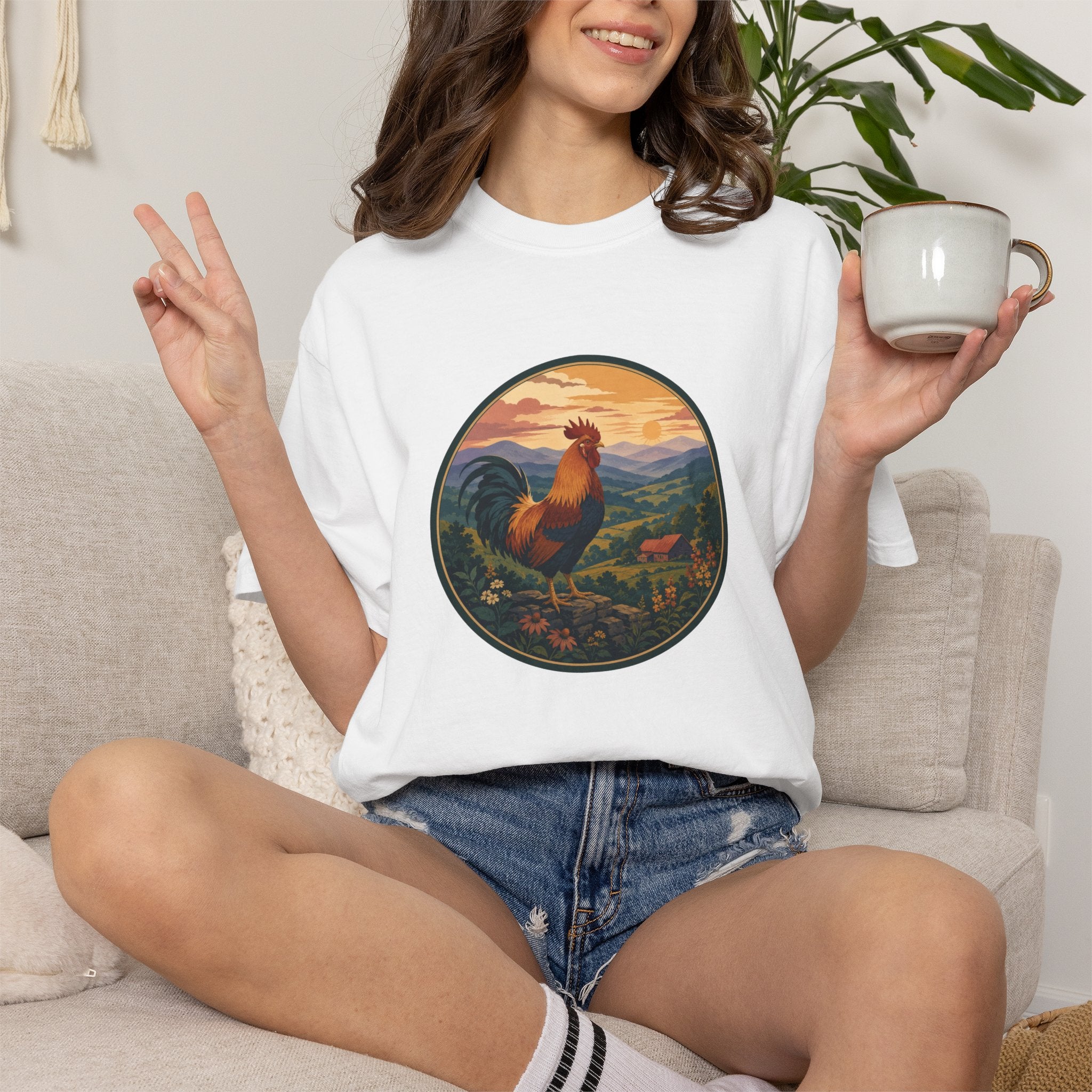 Blue Ridge Rooster Sunrise T-Shirt — Vintage Farm Scene Tee