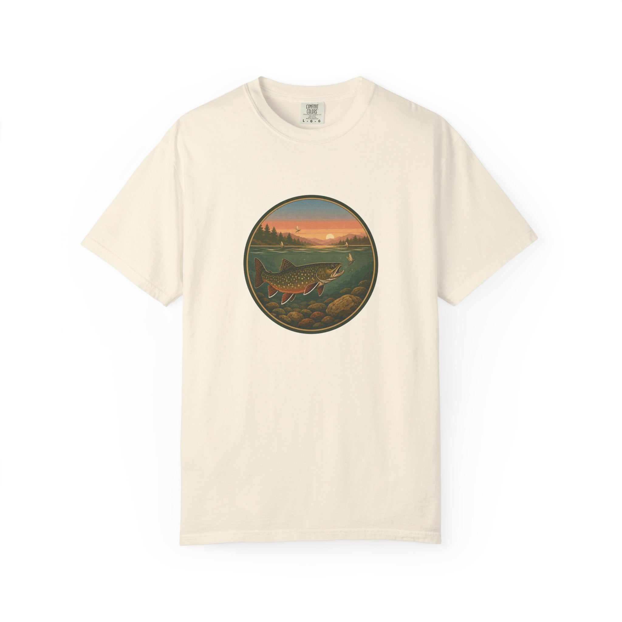 Brook Trout Sunset Fishing T-Shirt — Vintage River Scene Tee