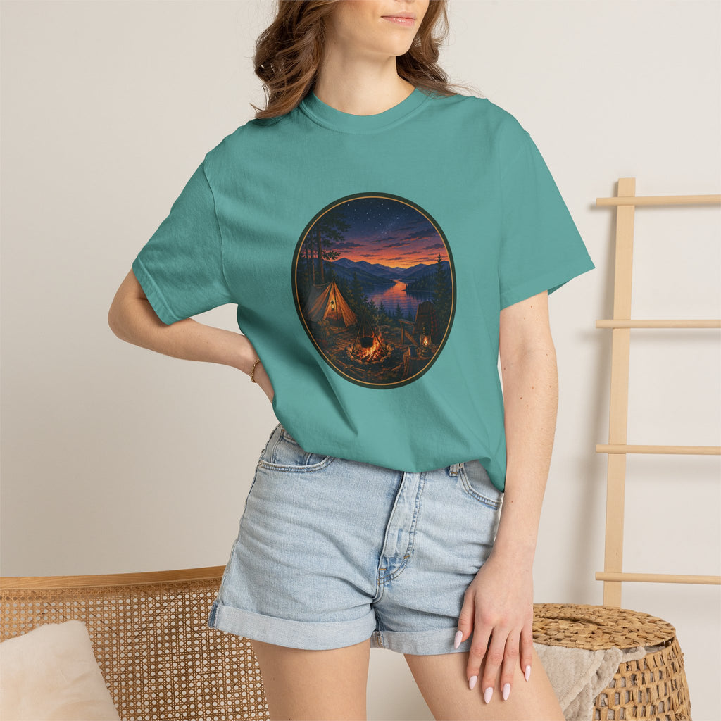 Camping Sunset T-Shirt — Riverside Campfire Night Scene