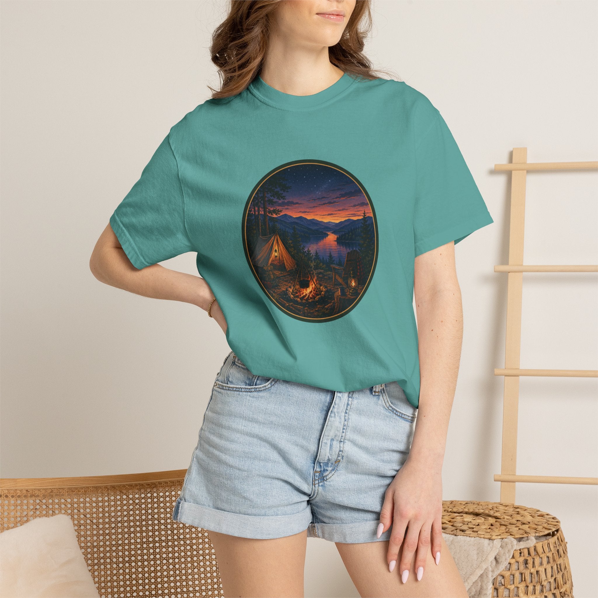 Camping Sunset T-Shirt — Riverside Campfire Night Scene