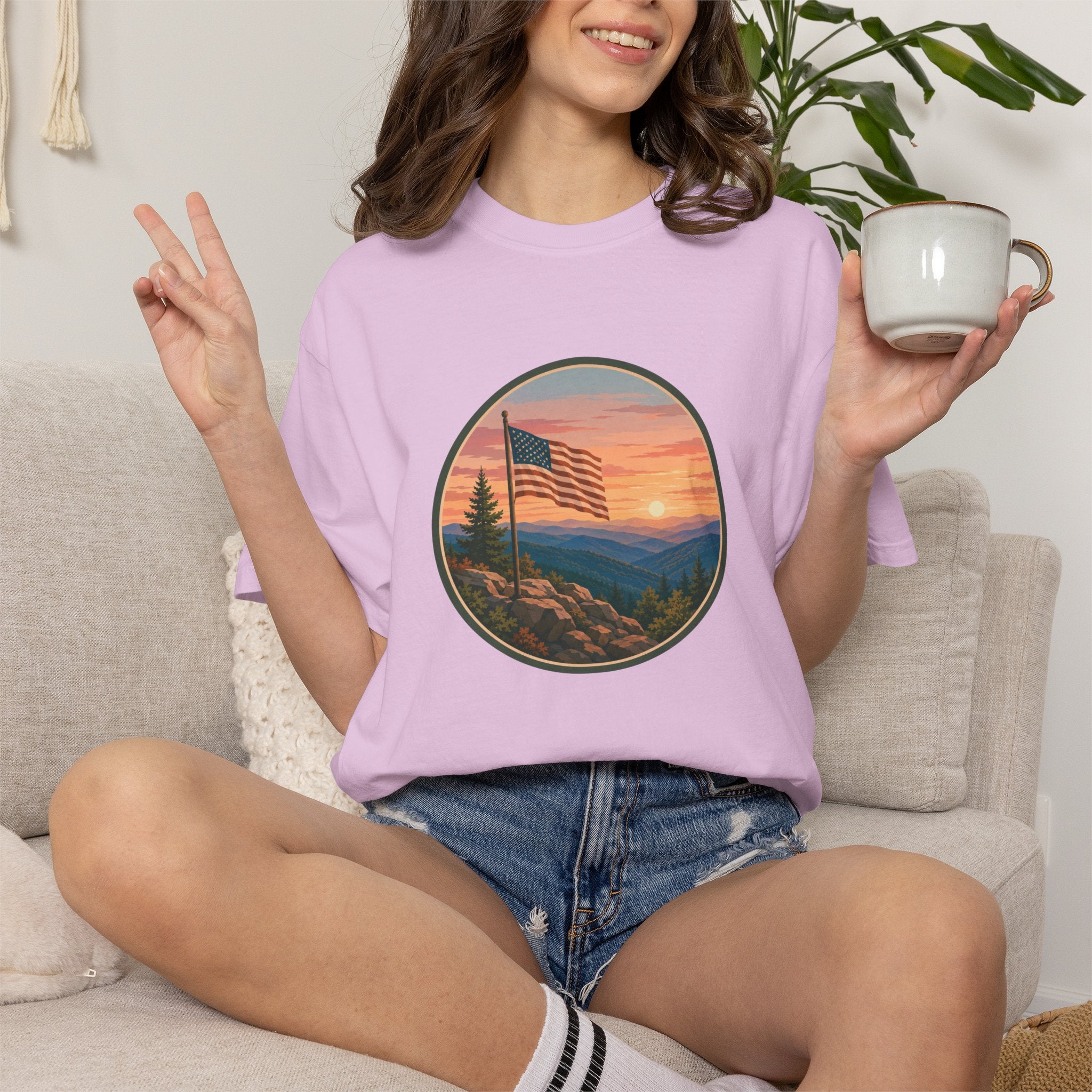 Flag Over Blue Ridge Mountains T-Shirt — Scenic Sunset American Flag Graphic Tee