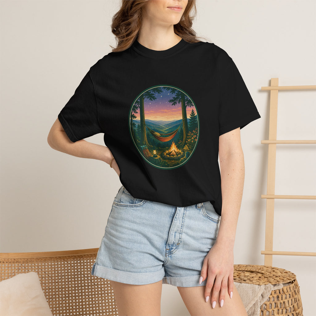 Hammock Camping Sunset T-Shirt — Bonfire Night Outdoor Graphic Tee