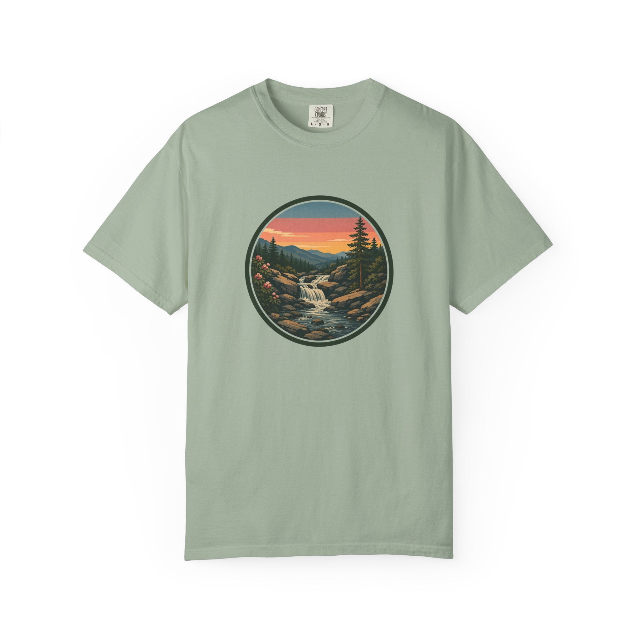 Scenic Waterfall T‑Shirt — Sunset Wilderness Nature Graphic