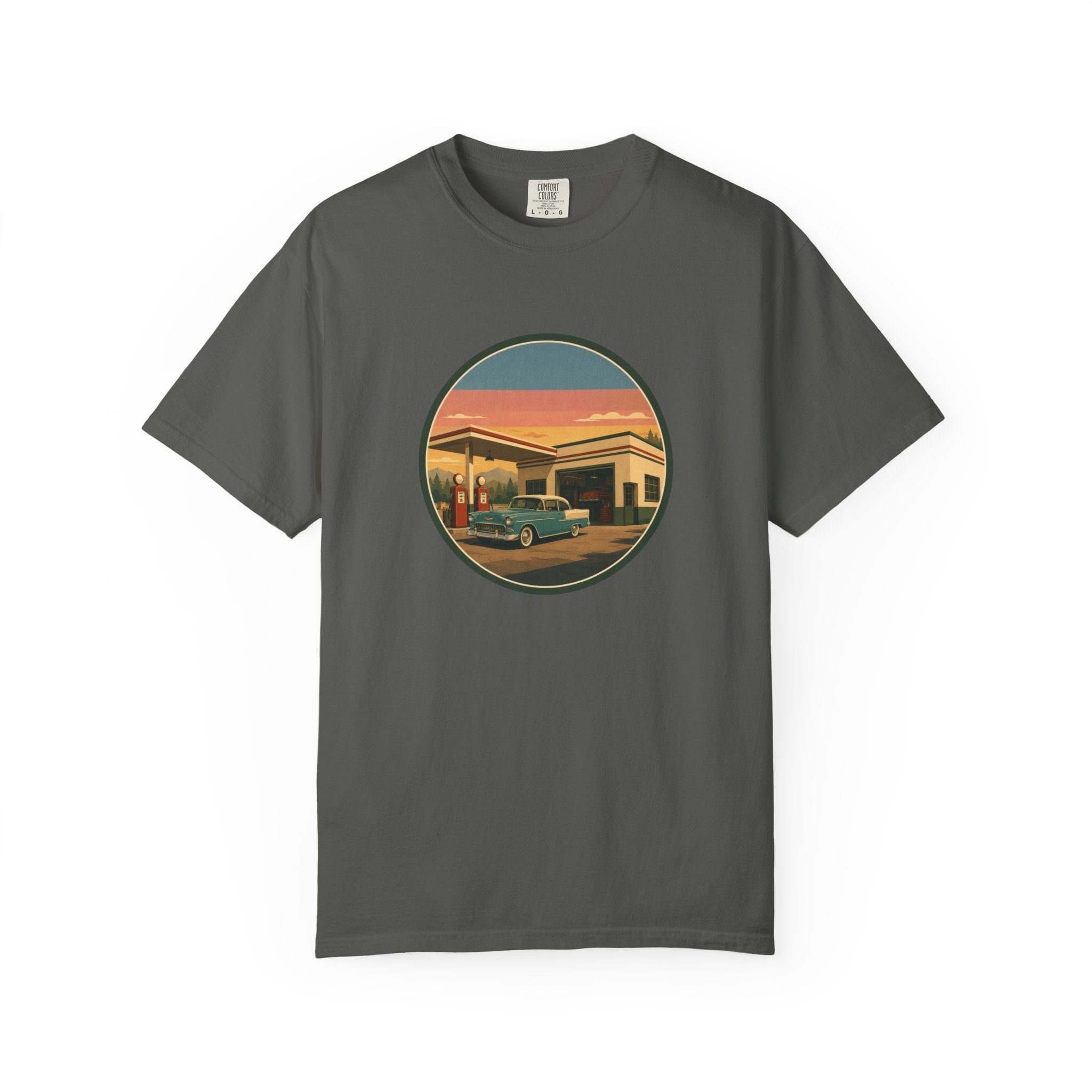 Retro Gas Station T-Shirt — Vintage Sunset Roadside Design