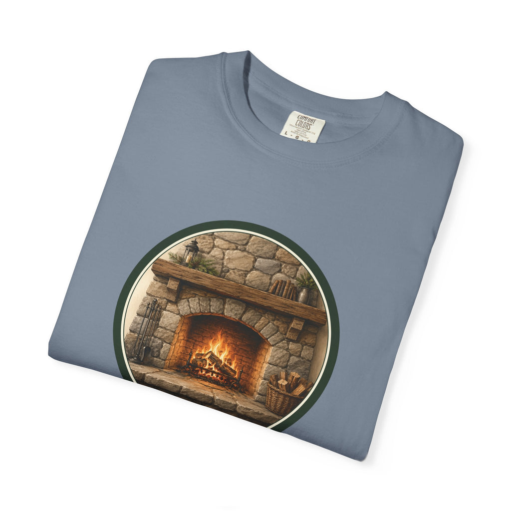 Cozy Fireplace Graphic T-Shirt — Vintage Hearth Circle Design