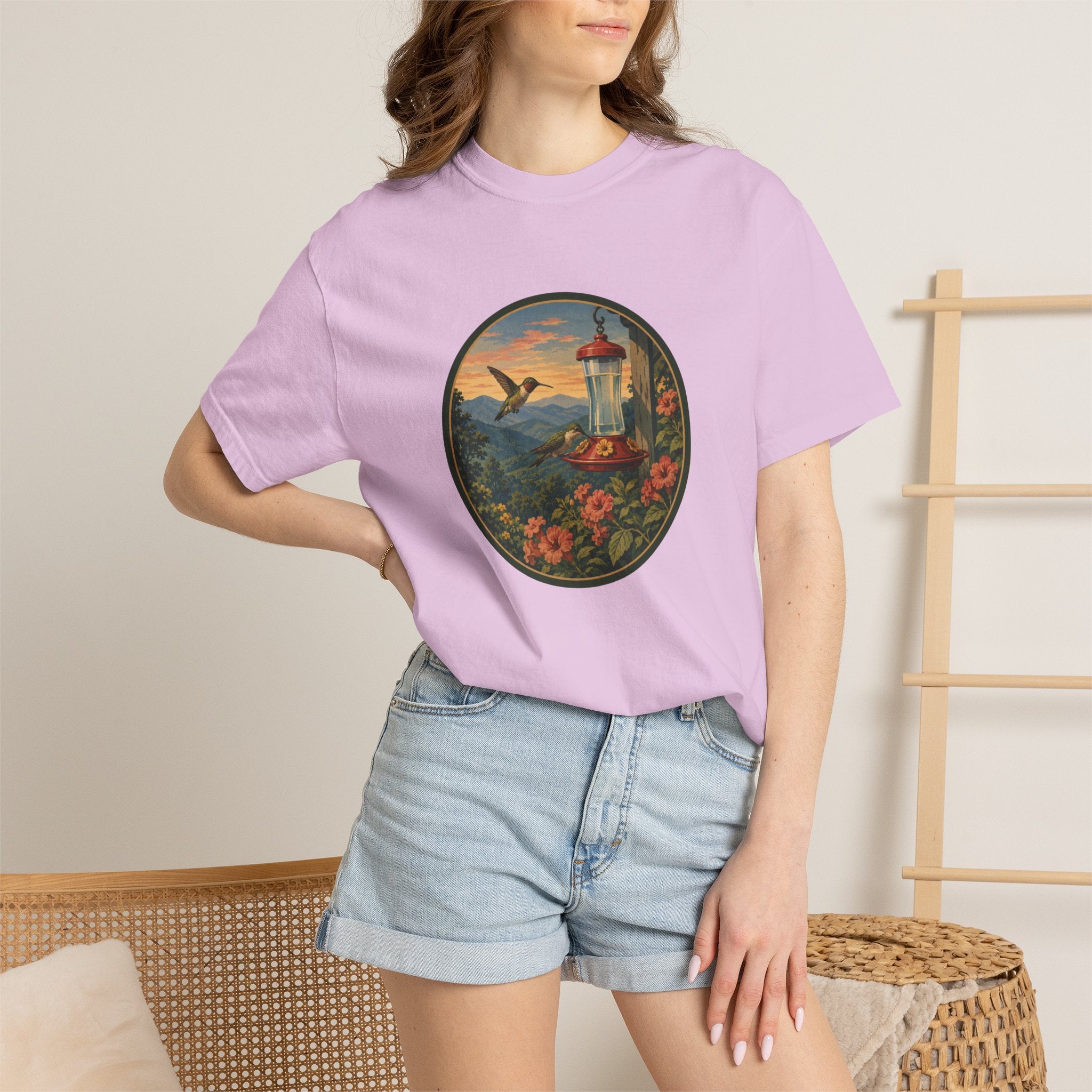 Hummingbird Sunset T-Shirt — Vintage Floral Graphic Tee