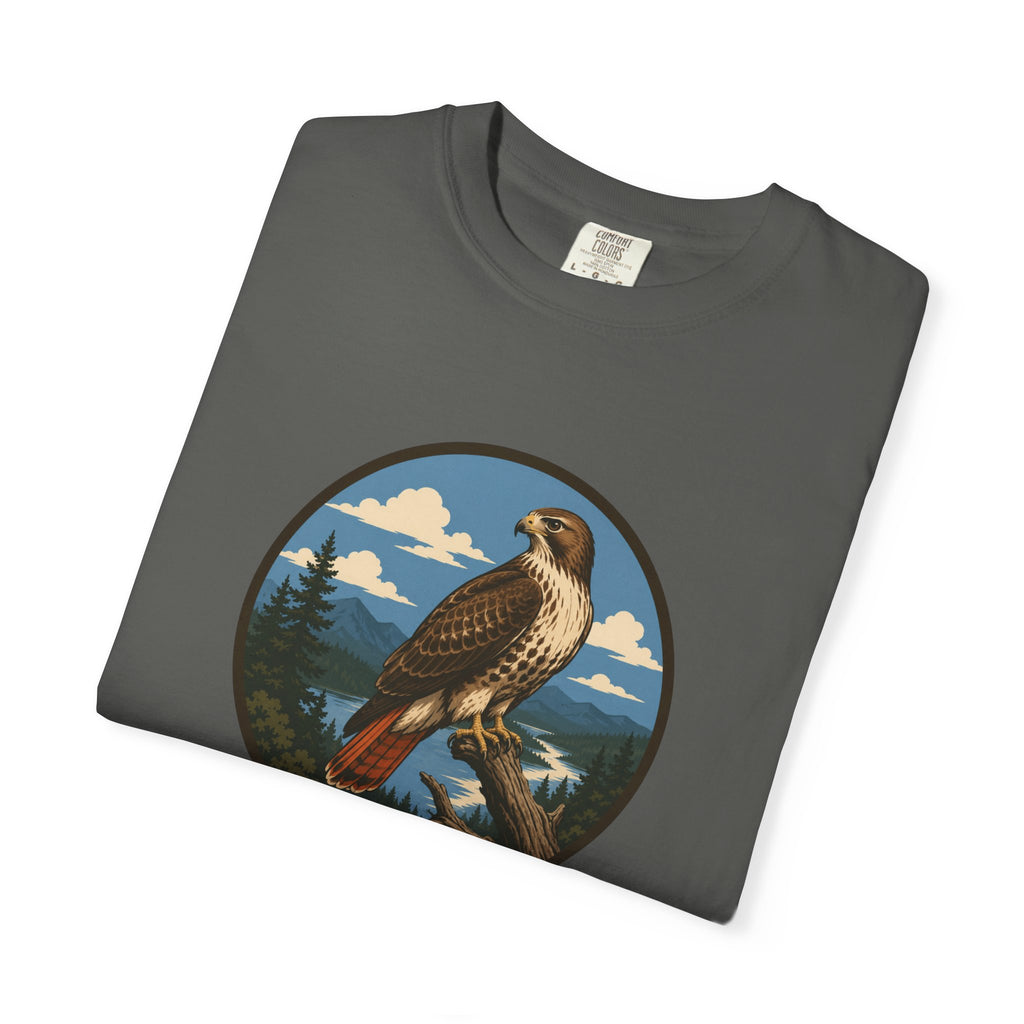 Red-Tail Hawk Mountain Circle T-Shirt — Vintage Hawk Nature Graphic Tee