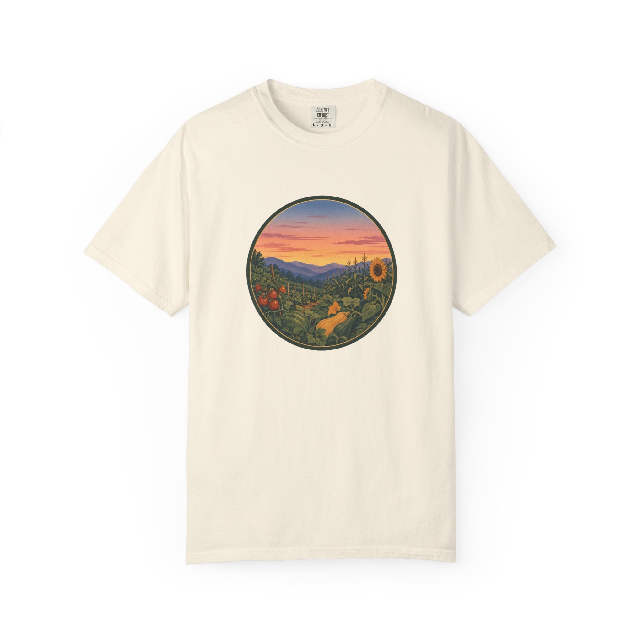 Sunset Mountain Garden T-Shirt — Scenic Fresh Vegetables Landscape Tee