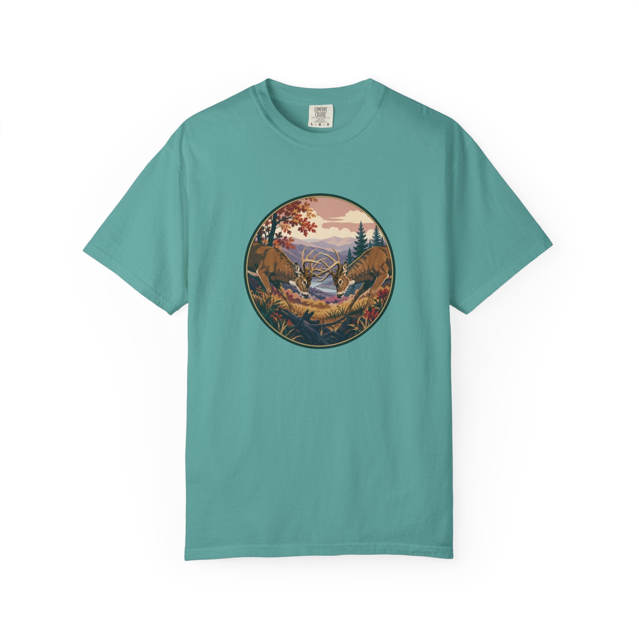 Scenic Wilderness Circle T-Shirt — Mountain Camping & Deer Nature Graphic