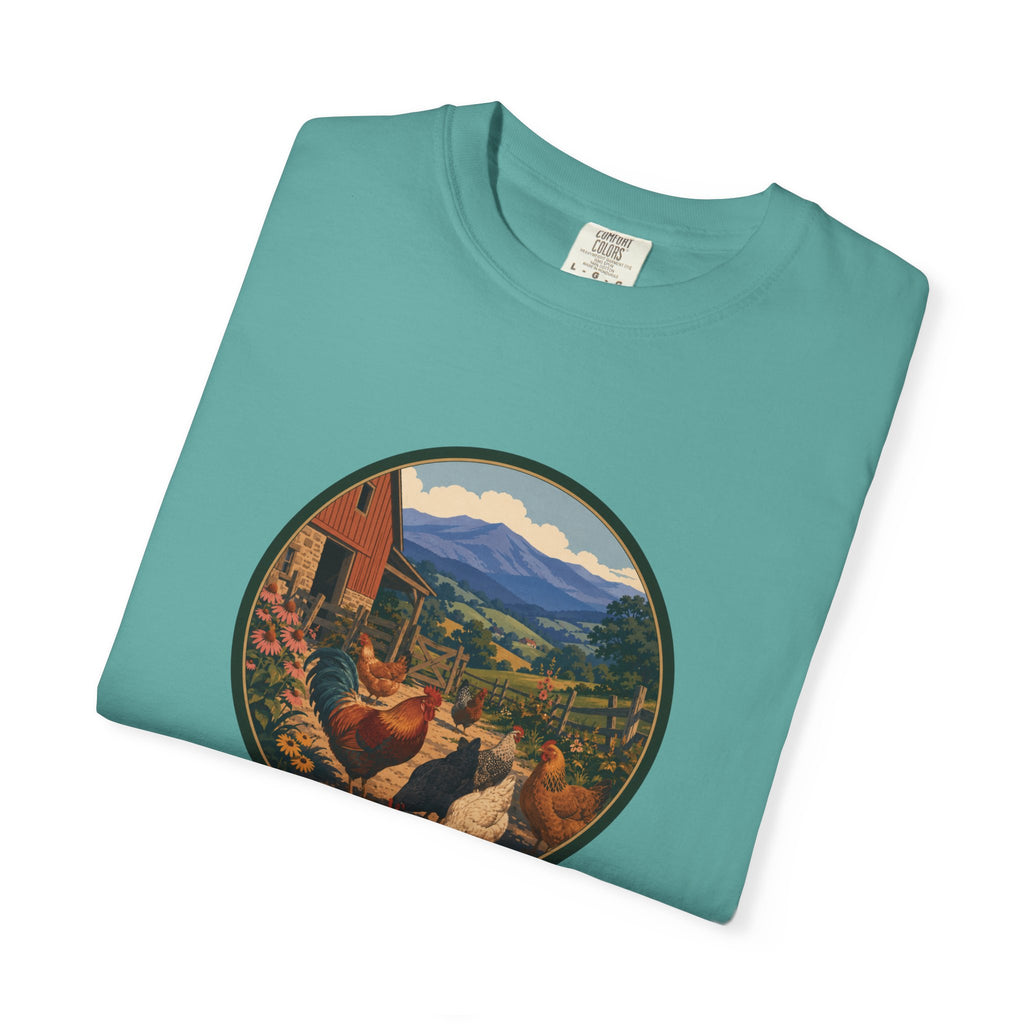 Chicken Farm Vintage Tee — Pastoral Hen Scene T-Shirt