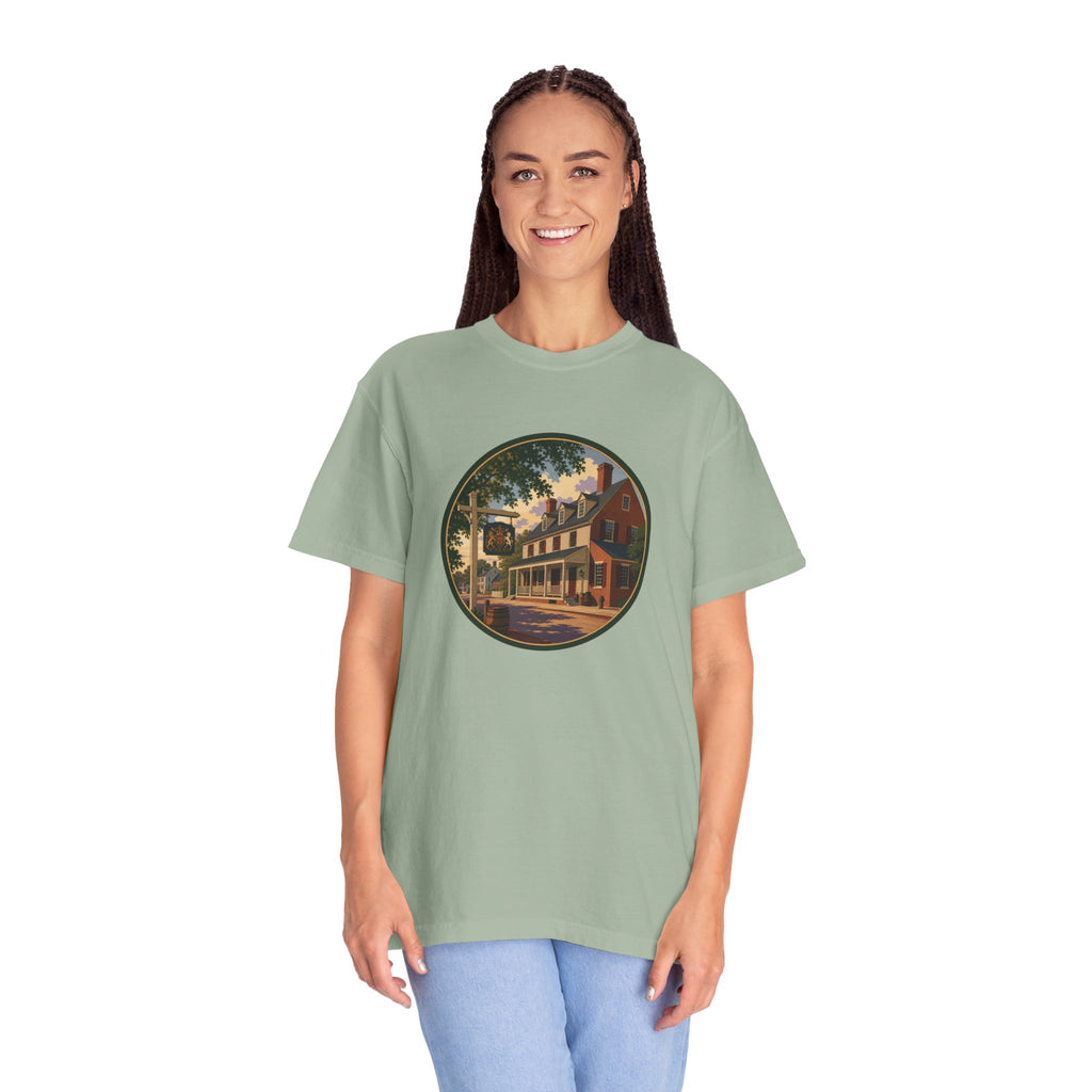Historic Main Street Tavern T-Shirt — Colonial Village Scene Tee