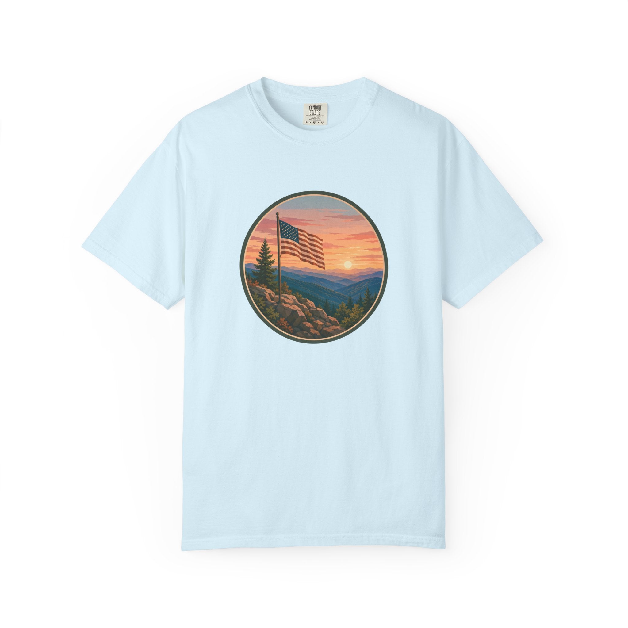 Flag Over Blue Ridge Mountains T-Shirt — Scenic Sunset American Flag Graphic Tee