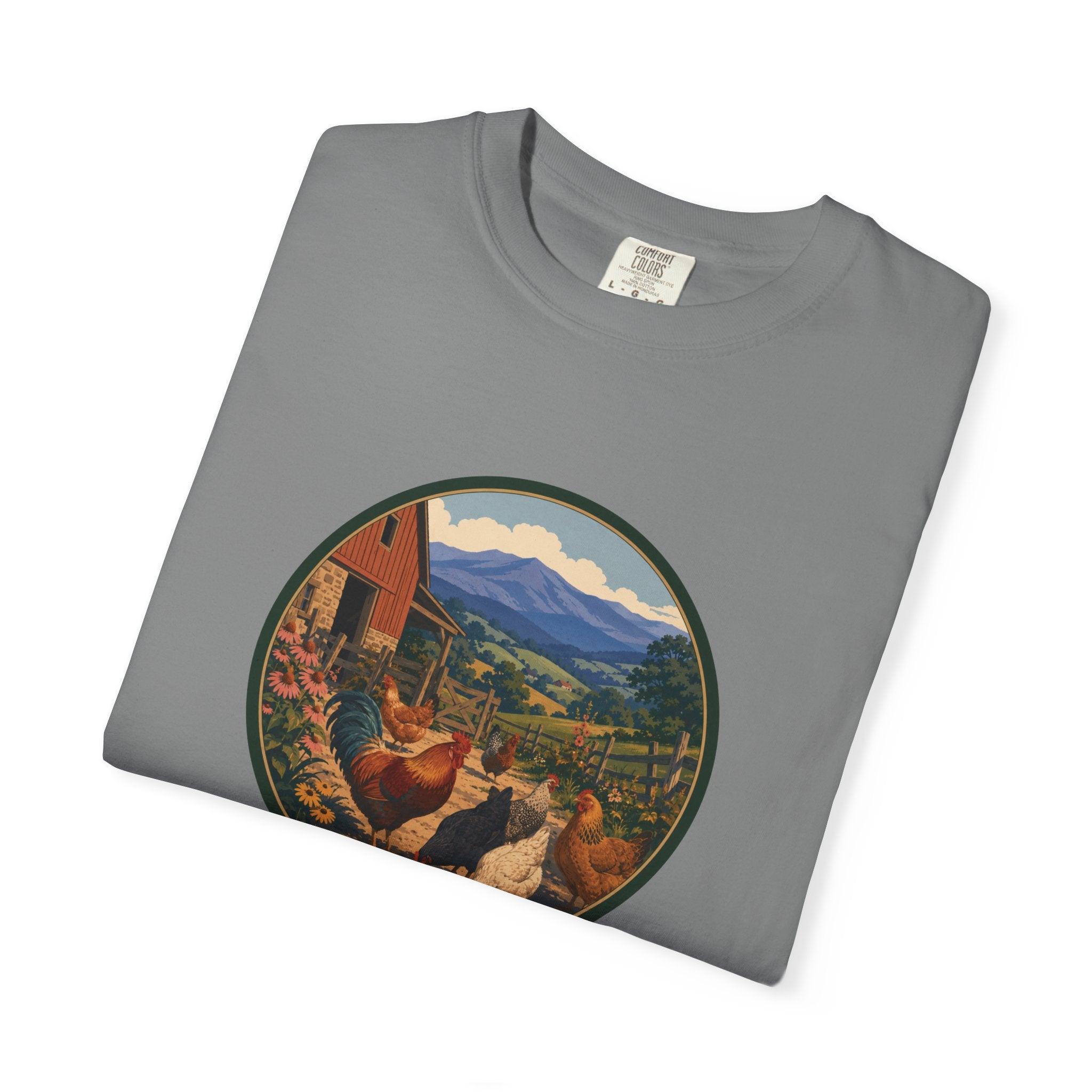 Chicken Farm Vintage Tee — Pastoral Hen Scene T-Shirt