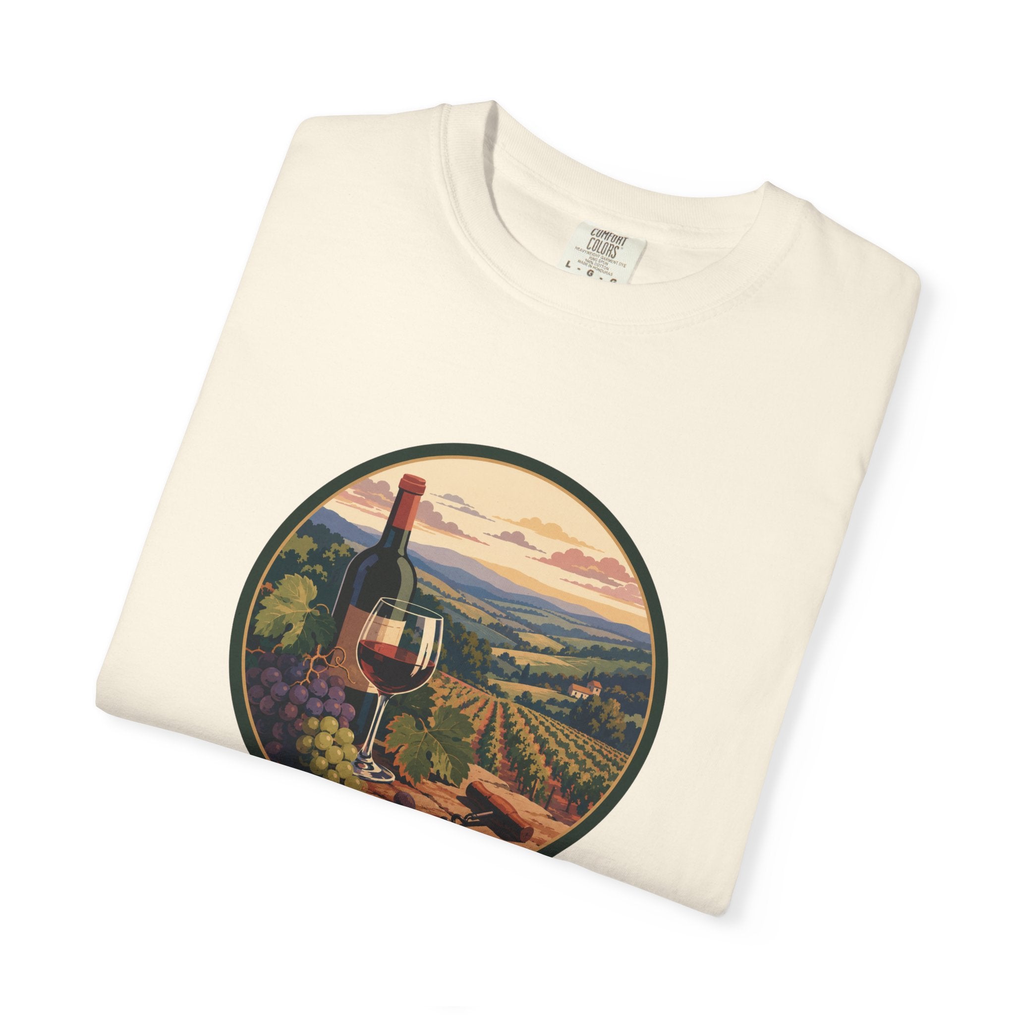Wine Country Scenic T-Shirt – Vineyard Bottle & Sunset Graphic