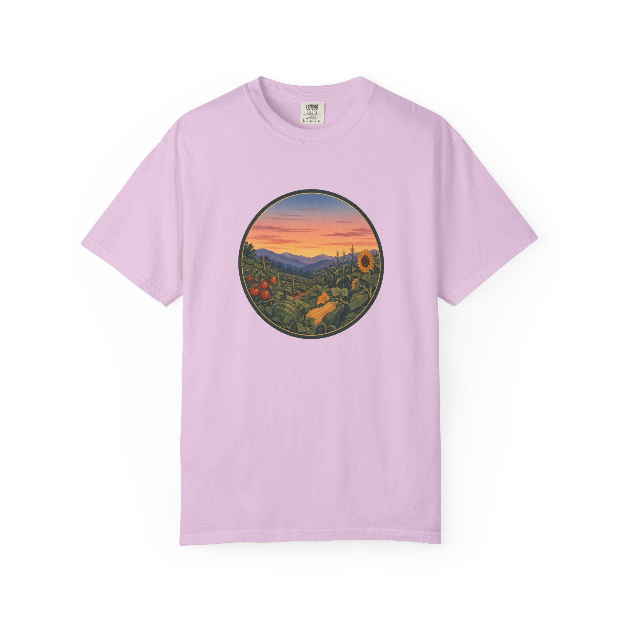 Sunset Mountain Garden T-Shirt — Scenic Fresh Vegetables Landscape Tee