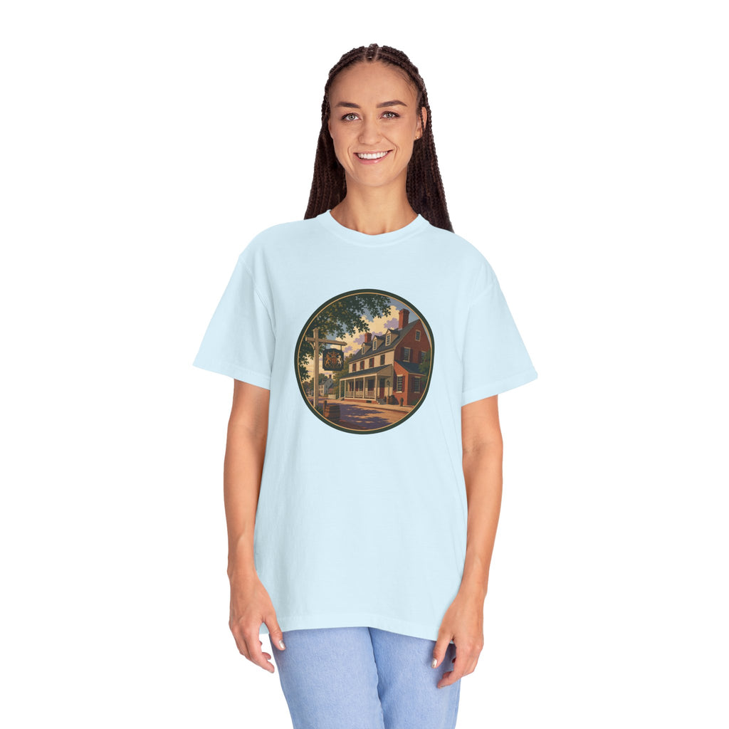 Historic Main Street Tavern T-Shirt — Colonial Village Scene Tee