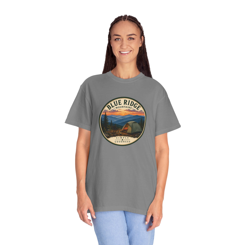Blue Ridge Mountains Camping T-Shirt — Vintage Scenic Camp Graphic