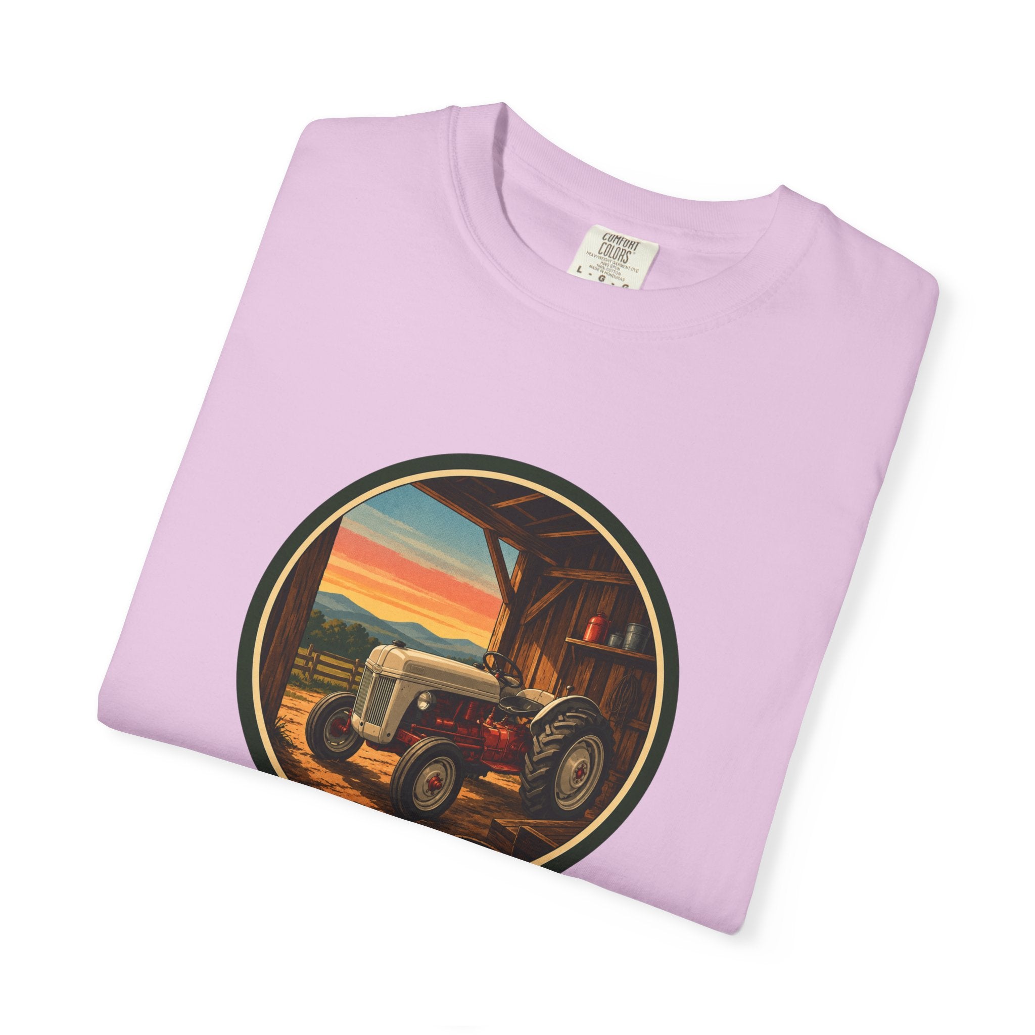 Vintage Tractor Circle T-Shirt — Rustic Farmstead Sunset Tee