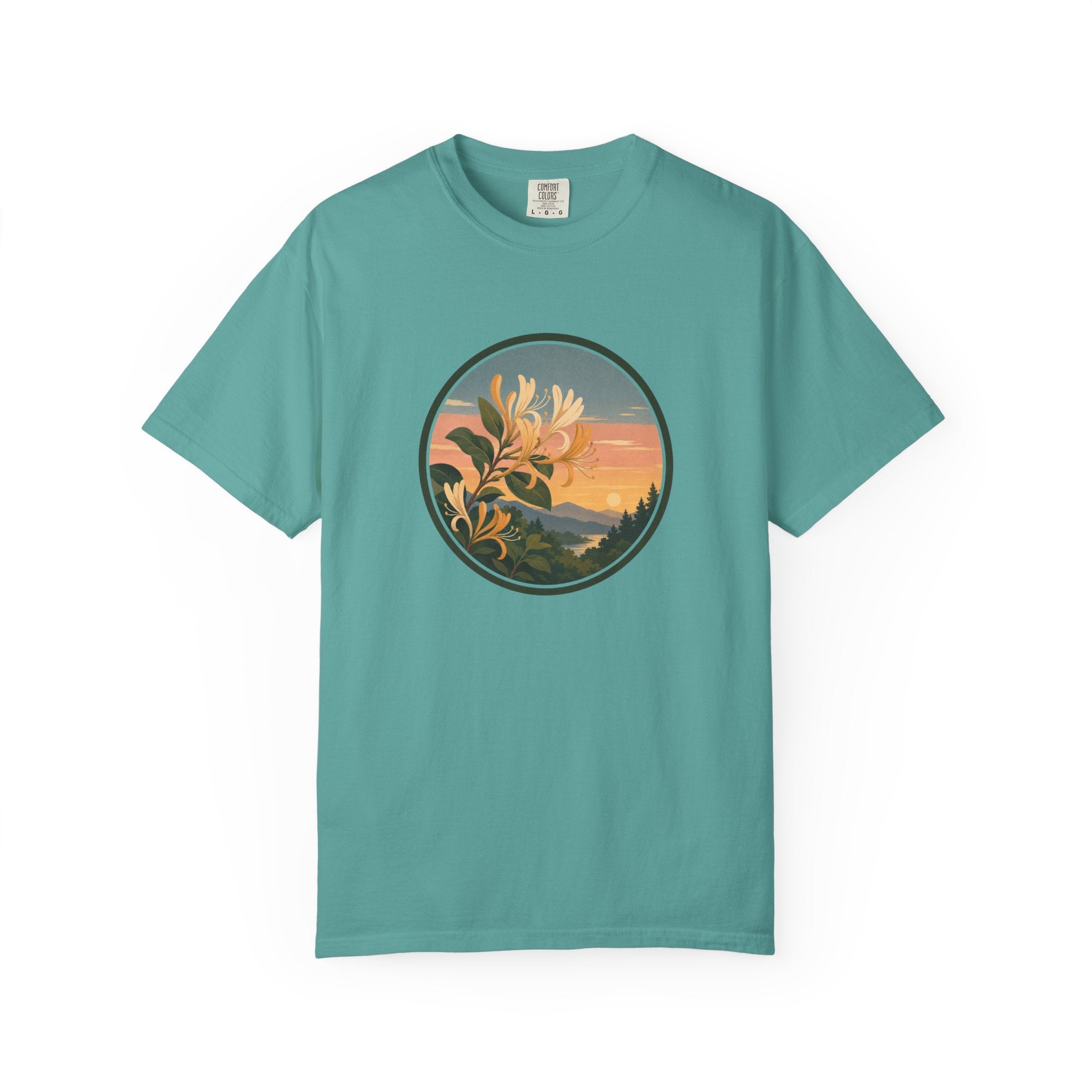 Sunset Honeysuckle T-Shirt — Floral Sunset Circle Graphic Tee